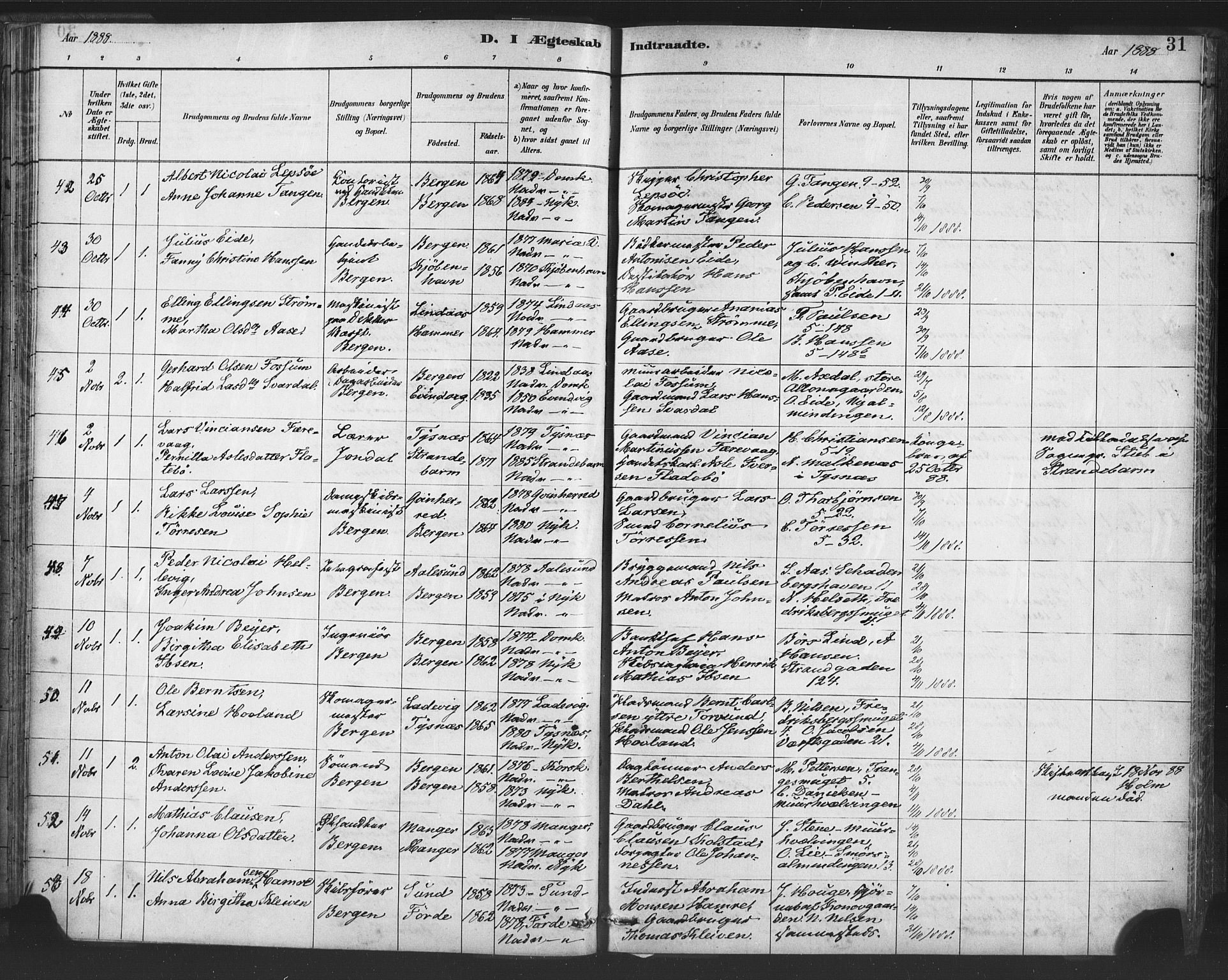 Nykirken Sokneprestembete, AV/SAB-A-77101/H/Haa/L0033: Parish register (official) no. D 3, 1884-1895, p. 31