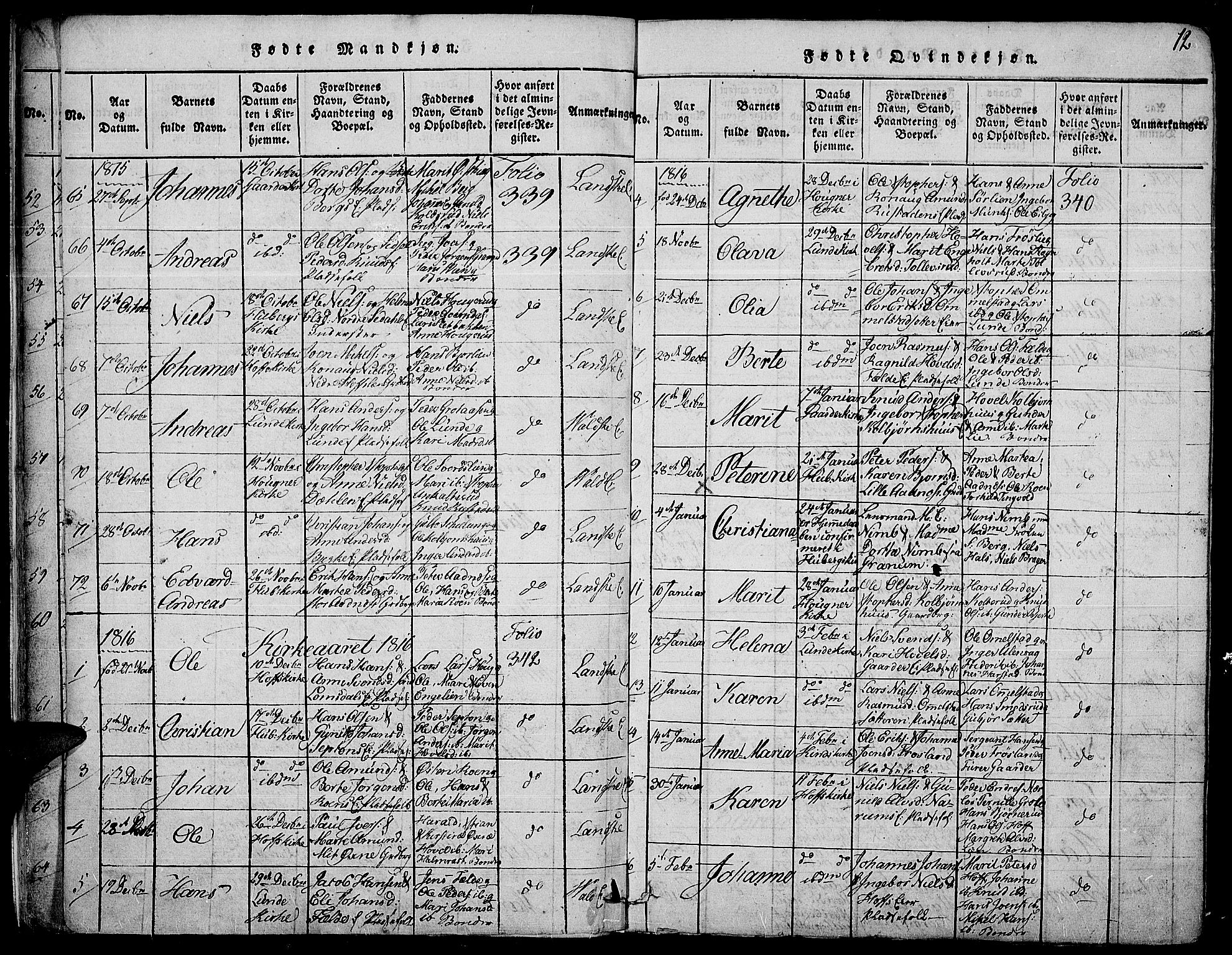 Land prestekontor, SAH/PREST-120/H/Ha/Haa/L0007: Parish register (official) no. 7, 1814-1830, p. 12