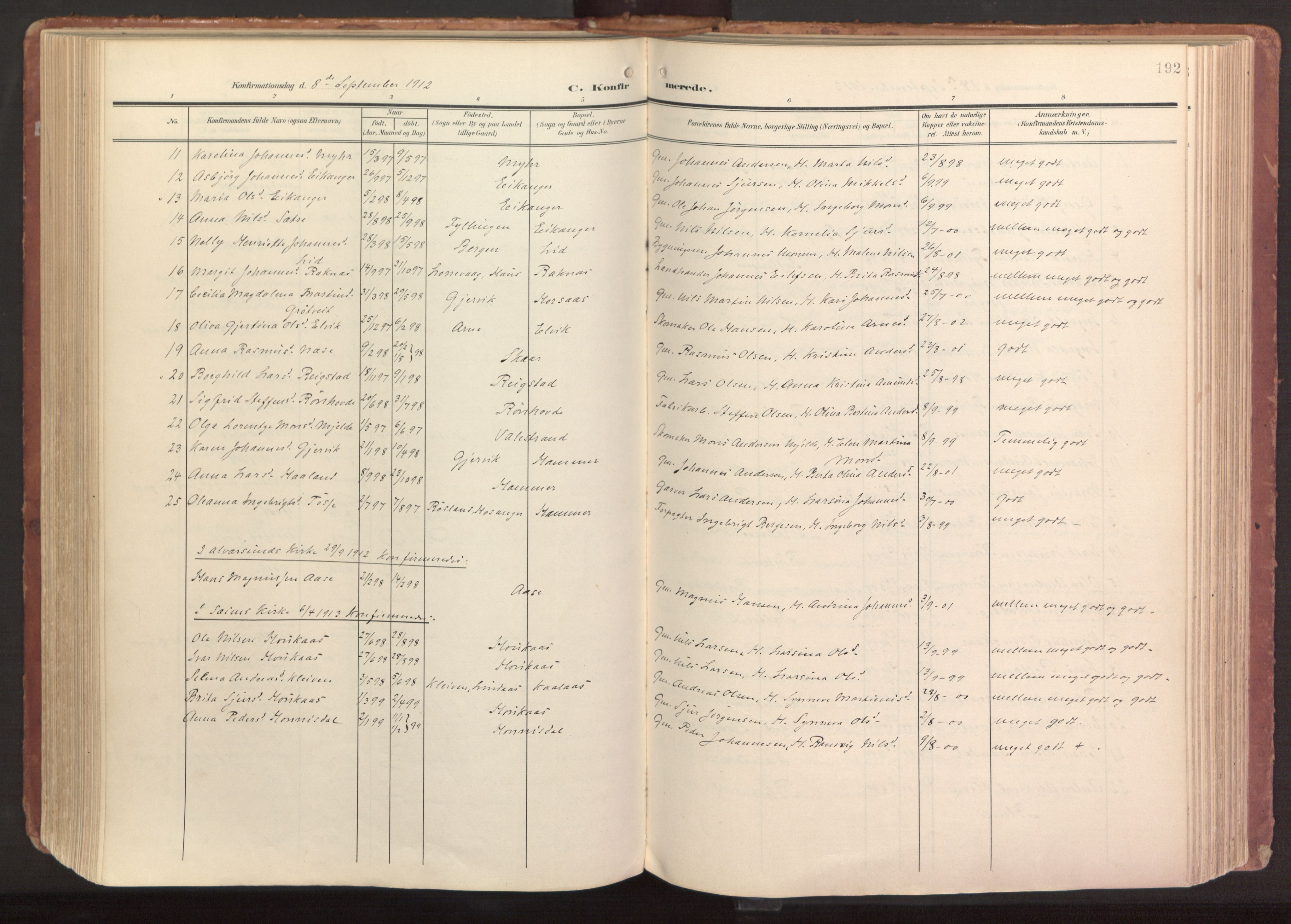 Hamre sokneprestembete, SAB/A-75501/H/Ha/Haa/Haab/L0002: Parish register (official) no. B 2, 1905-1924, p. 192