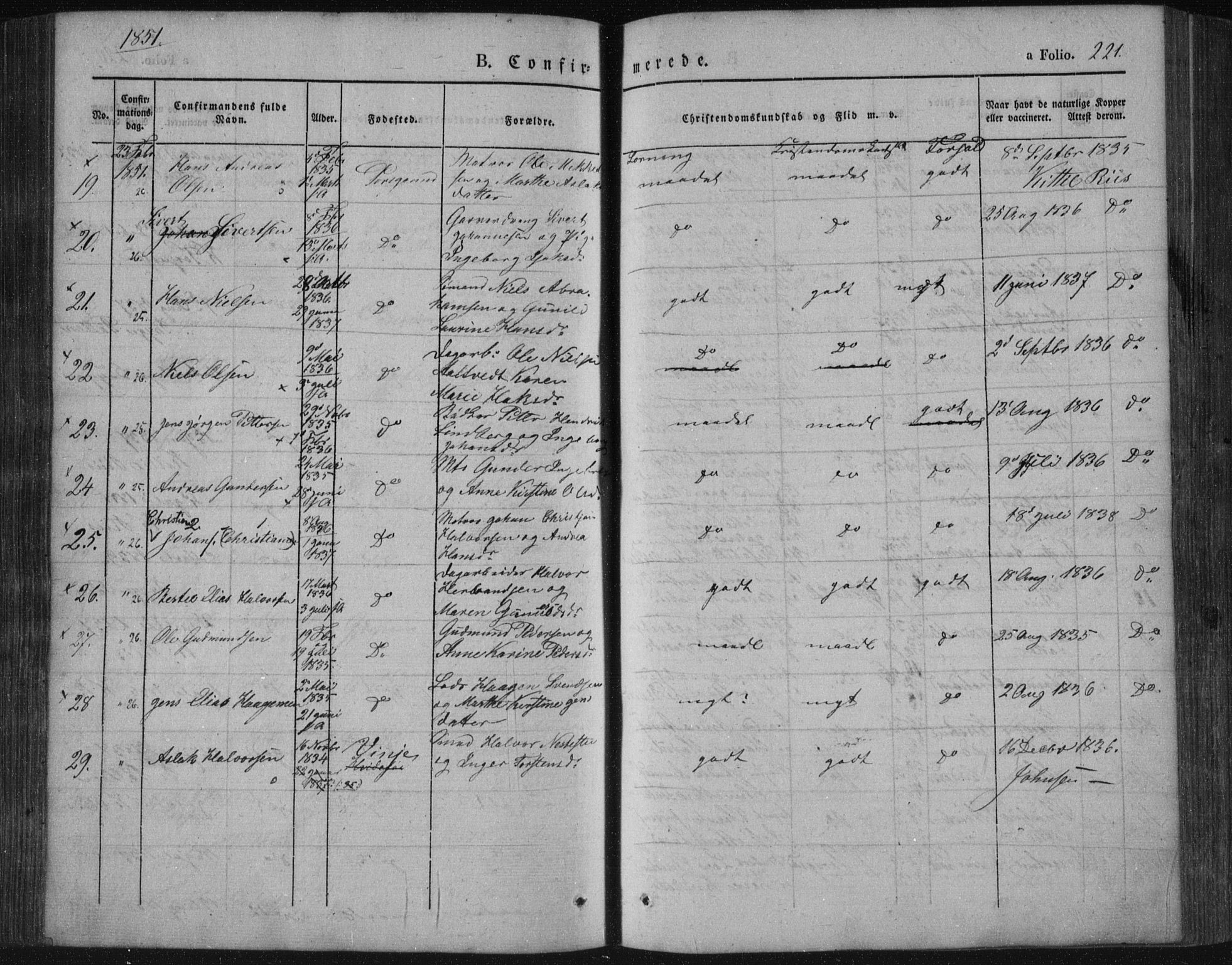 Porsgrunn kirkebøker , AV/SAKO-A-104/F/Fa/L0006: Parish register (official) no. 6, 1841-1857, p. 221