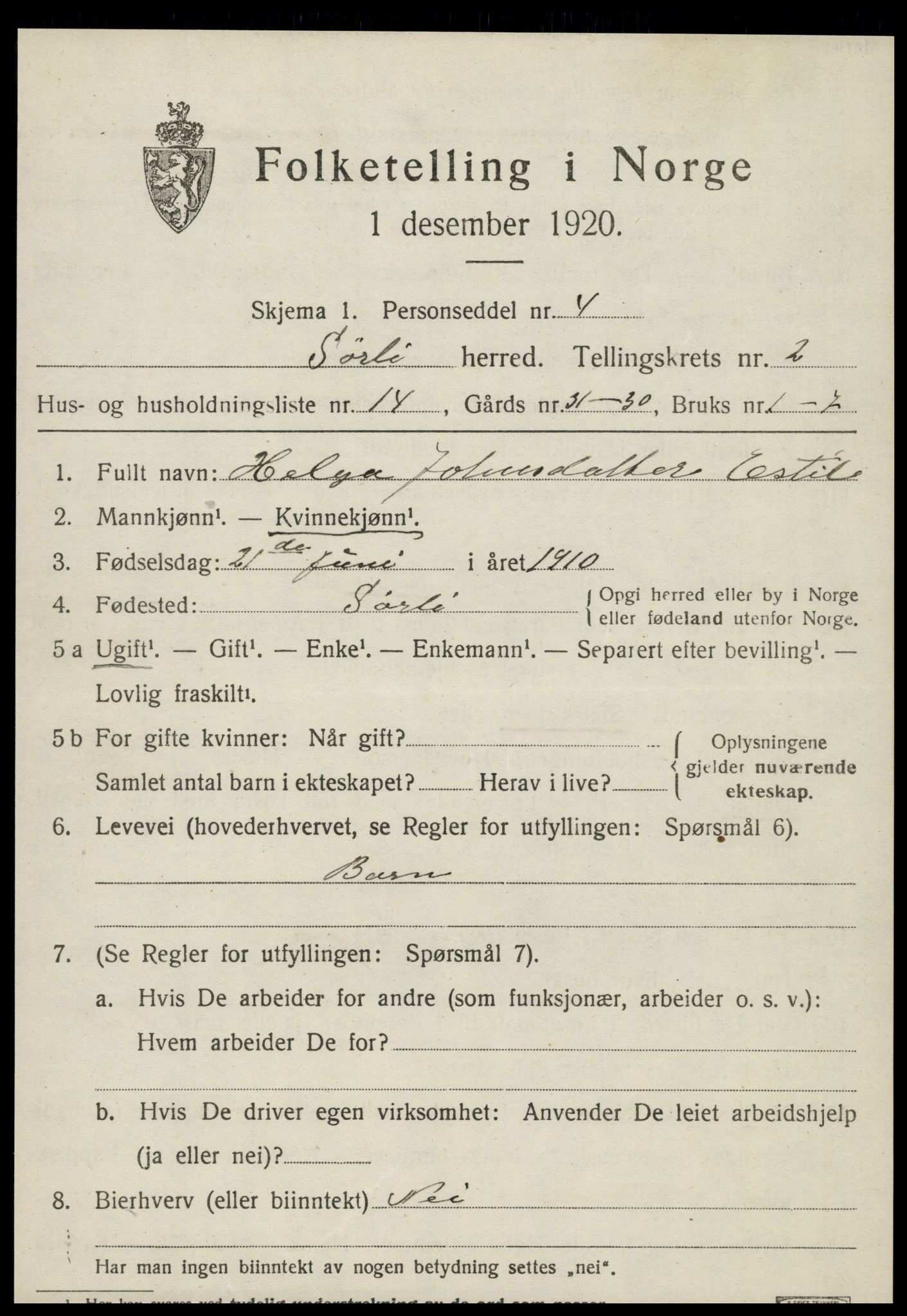 SAT, 1920 census for Sørli, 1920, p. 1013