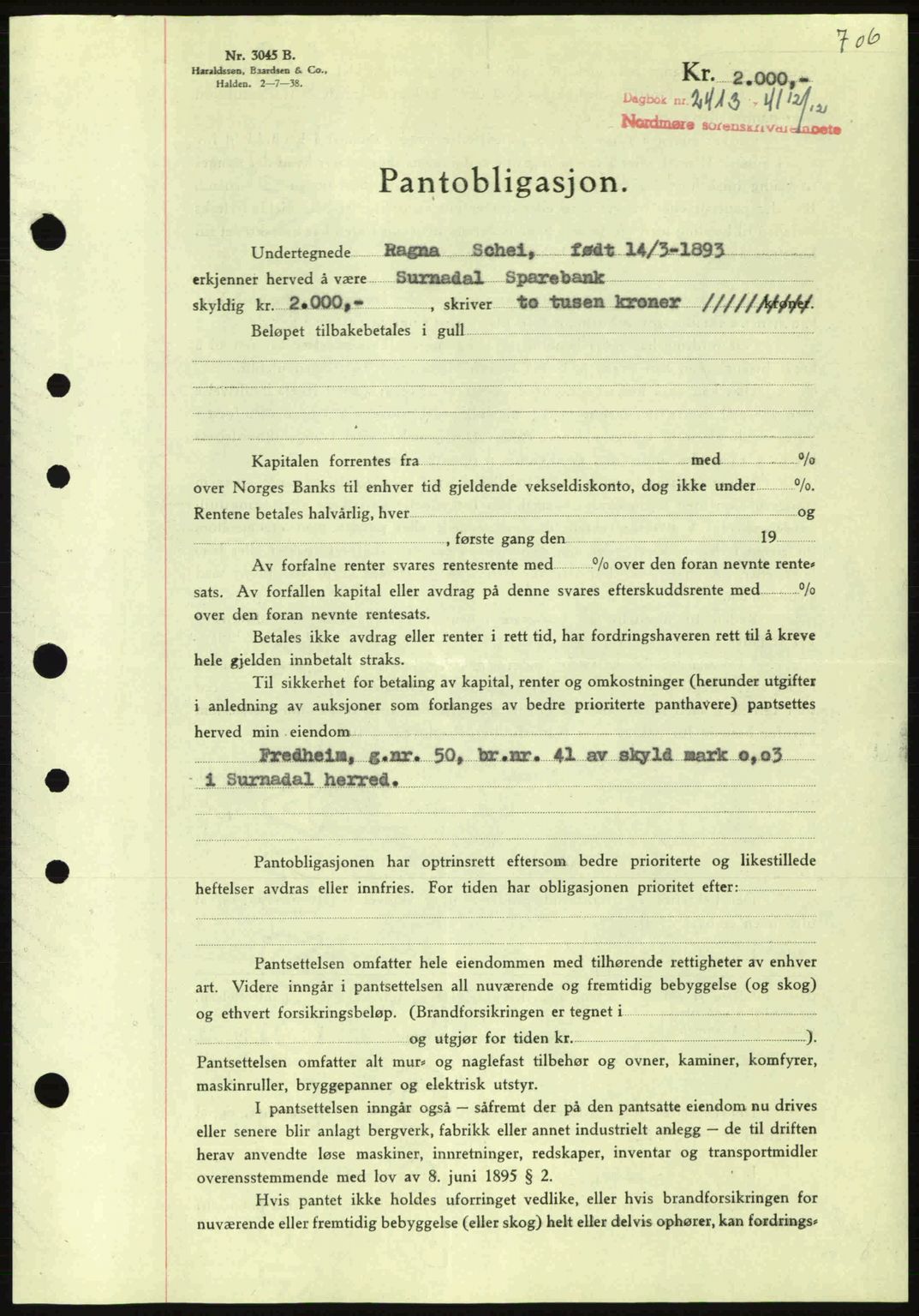 Nordmøre sorenskriveri, AV/SAT-A-4132/1/2/2Ca: Mortgage book no. B88, 1941-1942, Diary no: : 2413/1941