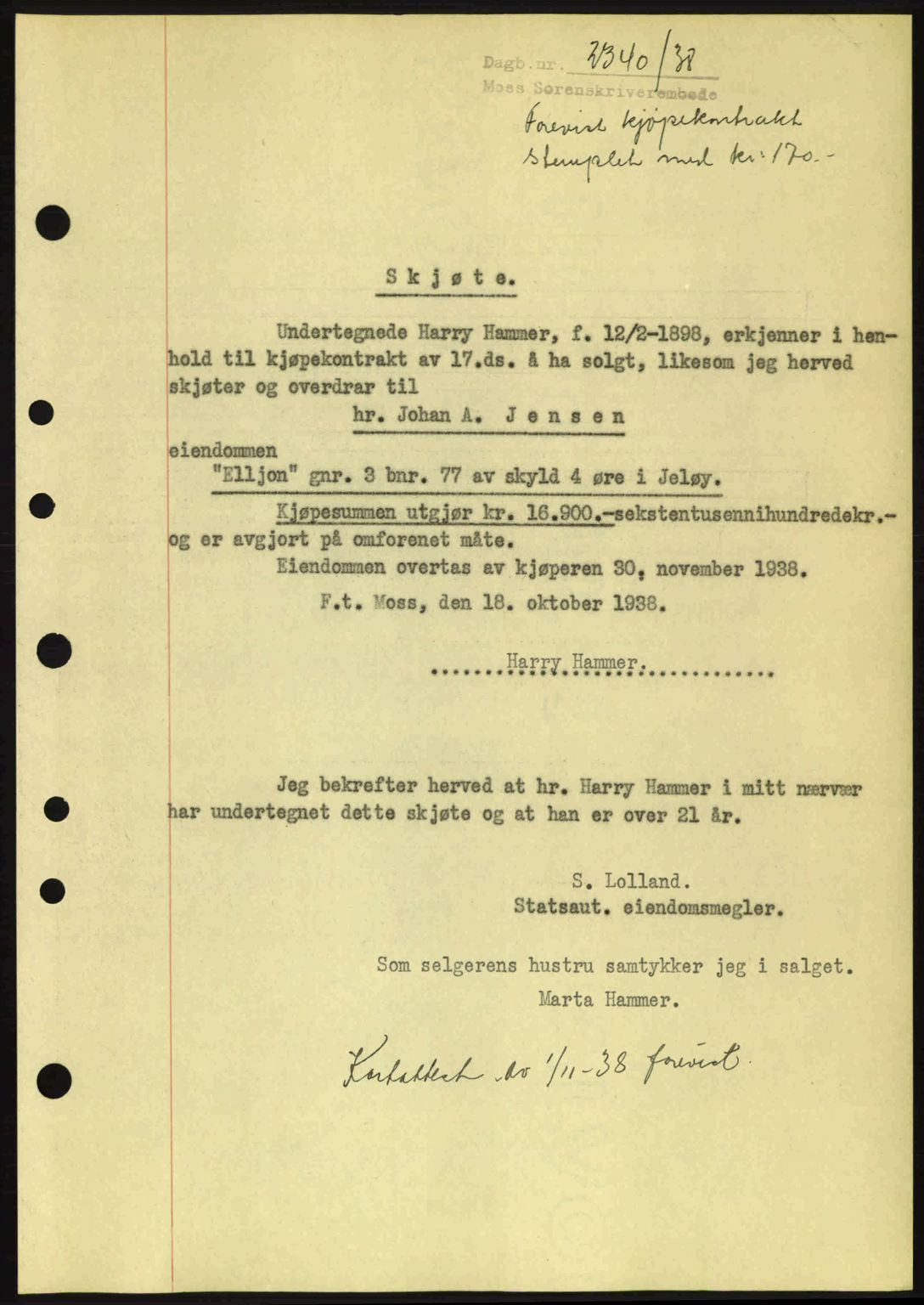 Moss sorenskriveri, SAO/A-10168: Mortgage book no. A5, 1938-1939, Diary no: : 2340/1938