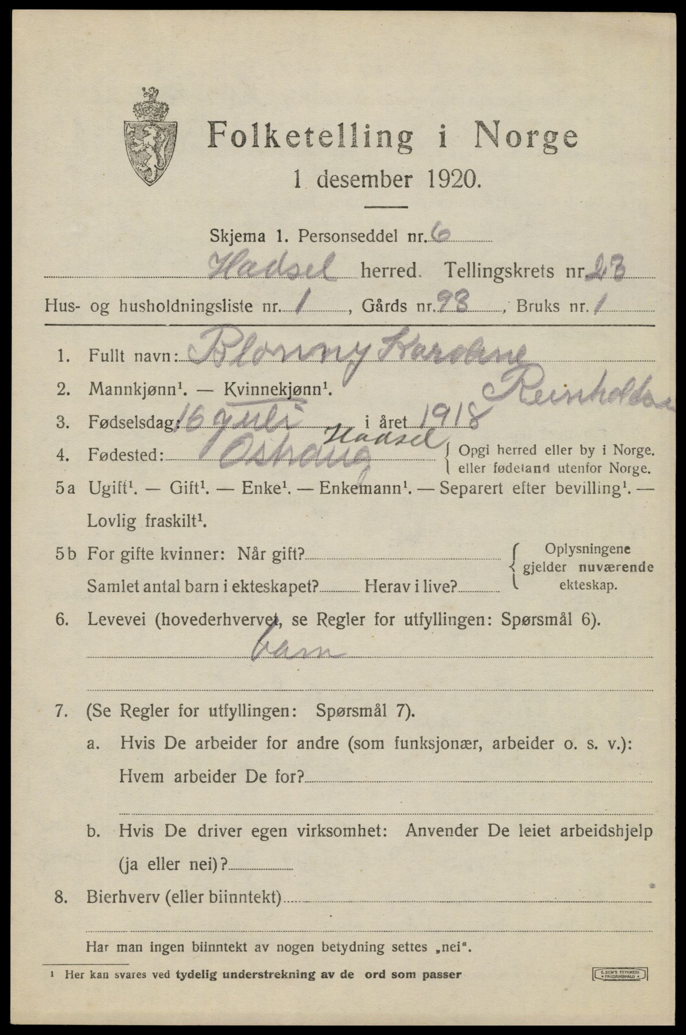 SAT, 1920 census for Hadsel, 1920, p. 20506