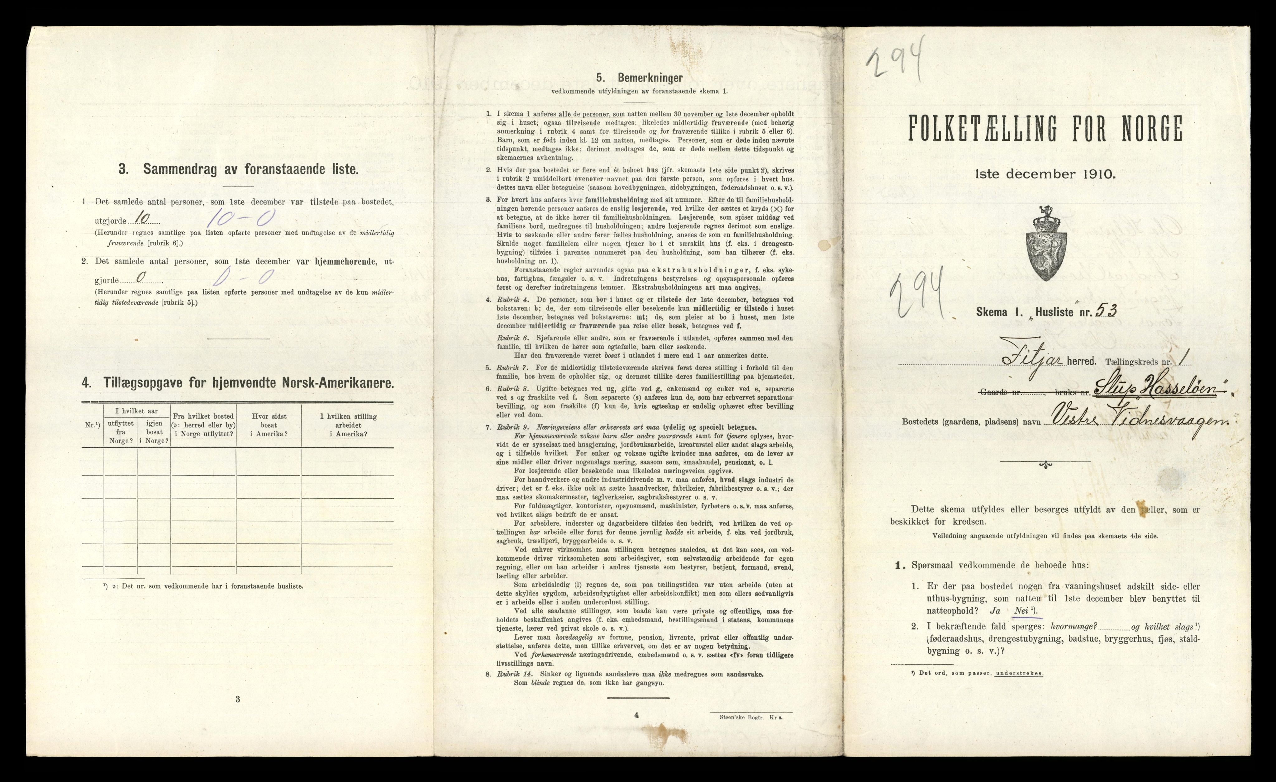 RA, 1910 census for Fitjar, 1910, p. 155