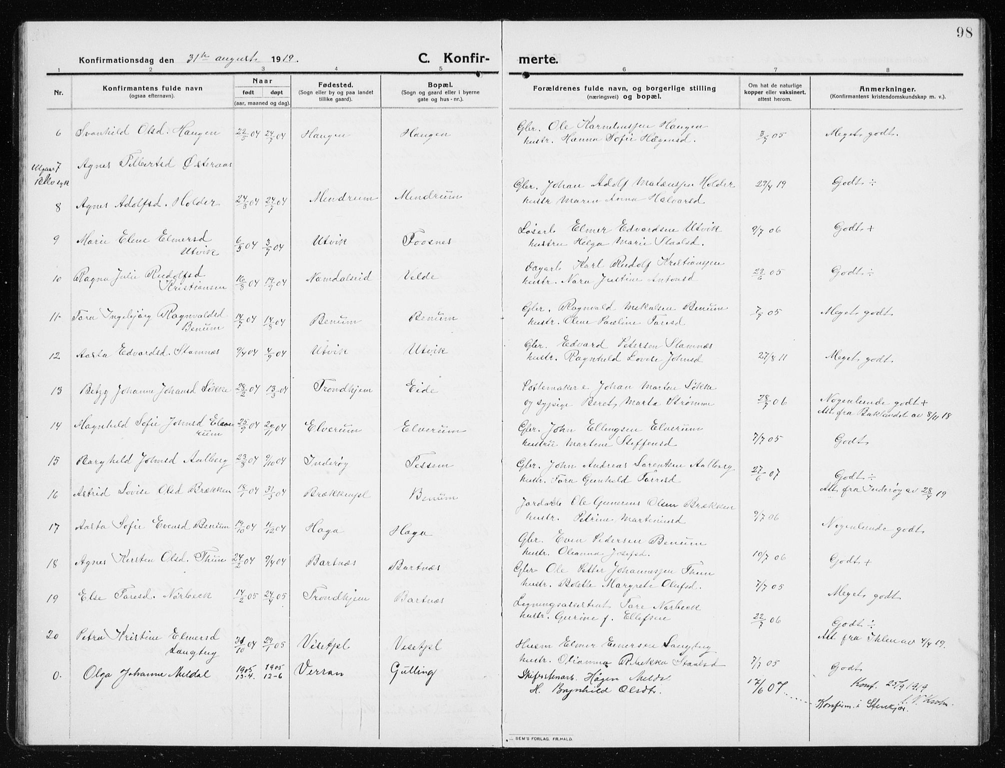 Ministerialprotokoller, klokkerbøker og fødselsregistre - Nord-Trøndelag, SAT/A-1458/741/L0402: Parish register (copy) no. 741C03, 1911-1926, p. 98