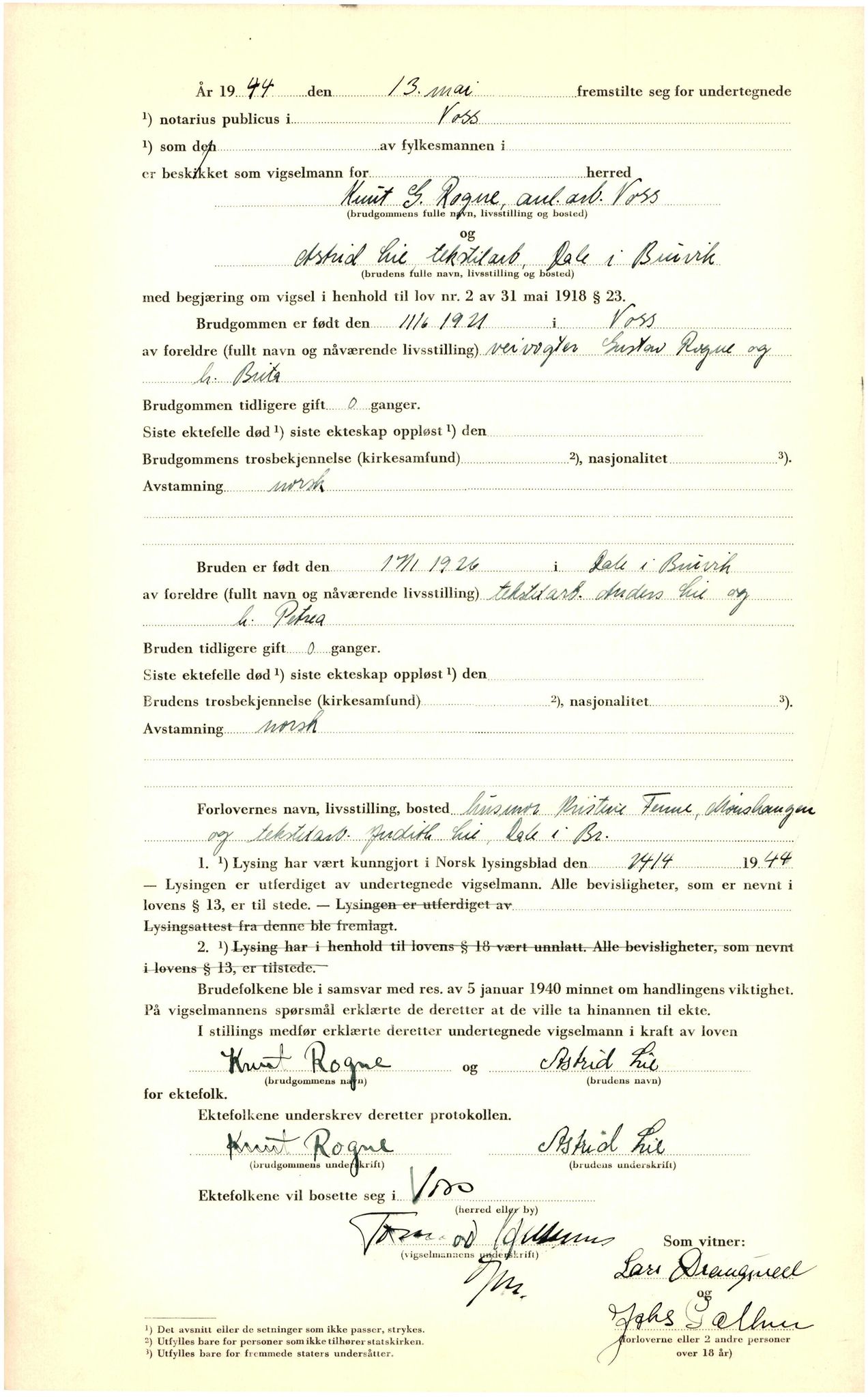 Voss sorenskrivar, AV/SAB-A-2701/M/Maa/L0002: Vigselbok, 1943-1945, p. 24b