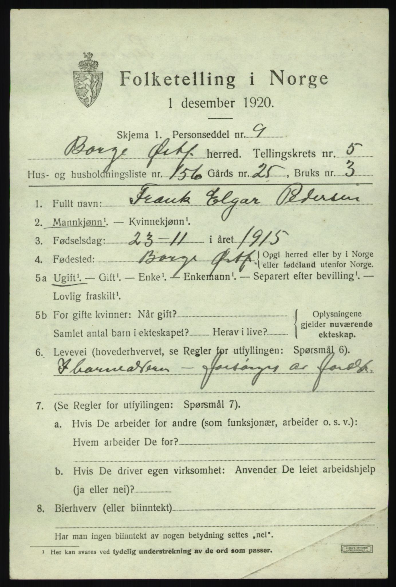 SAO, 1920 census for Borge, 1920, p. 14279