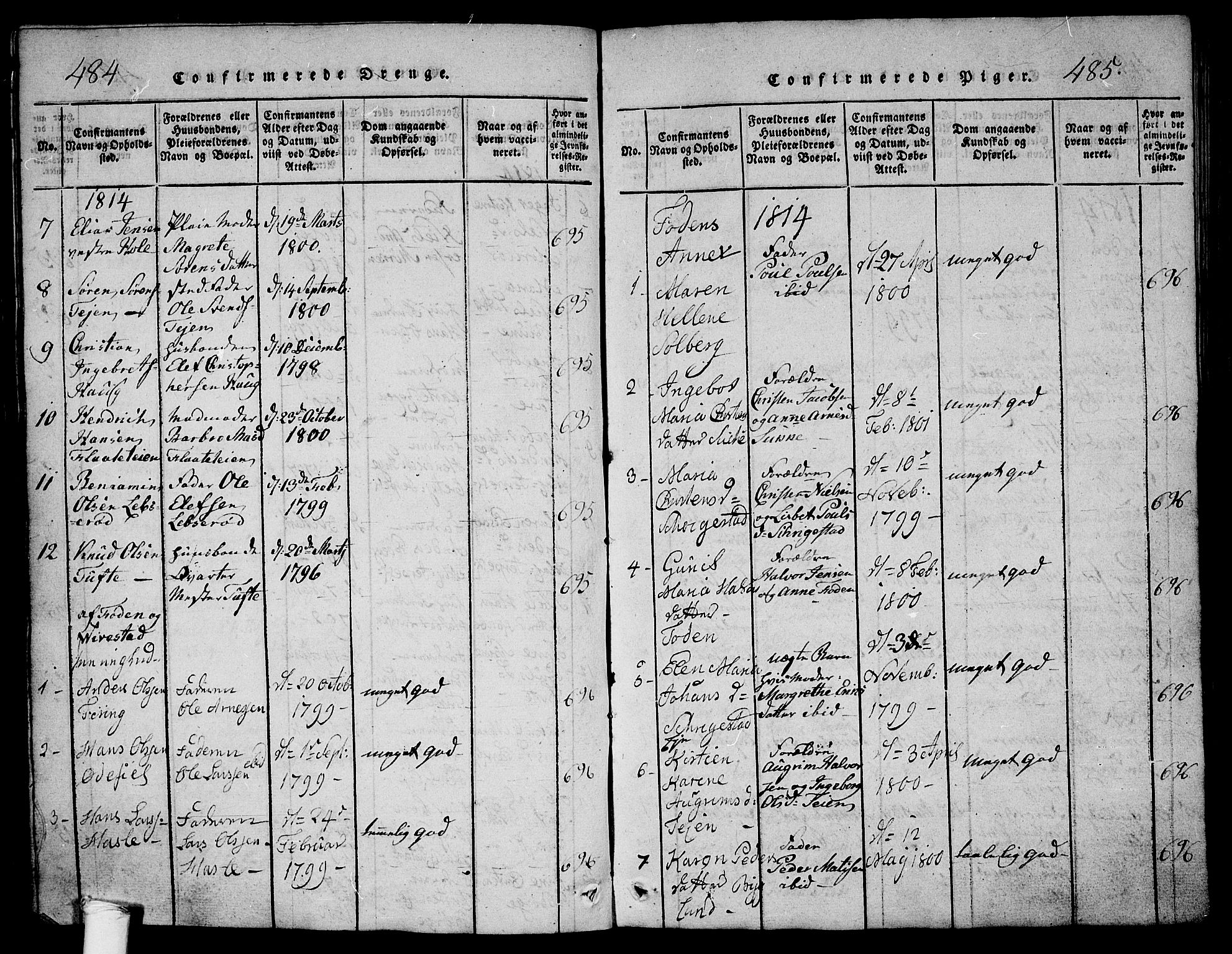 Ramnes kirkebøker, AV/SAKO-A-314/G/Ga/L0001: Parish register (copy) no. I 1, 1813-1847, p. 484-485