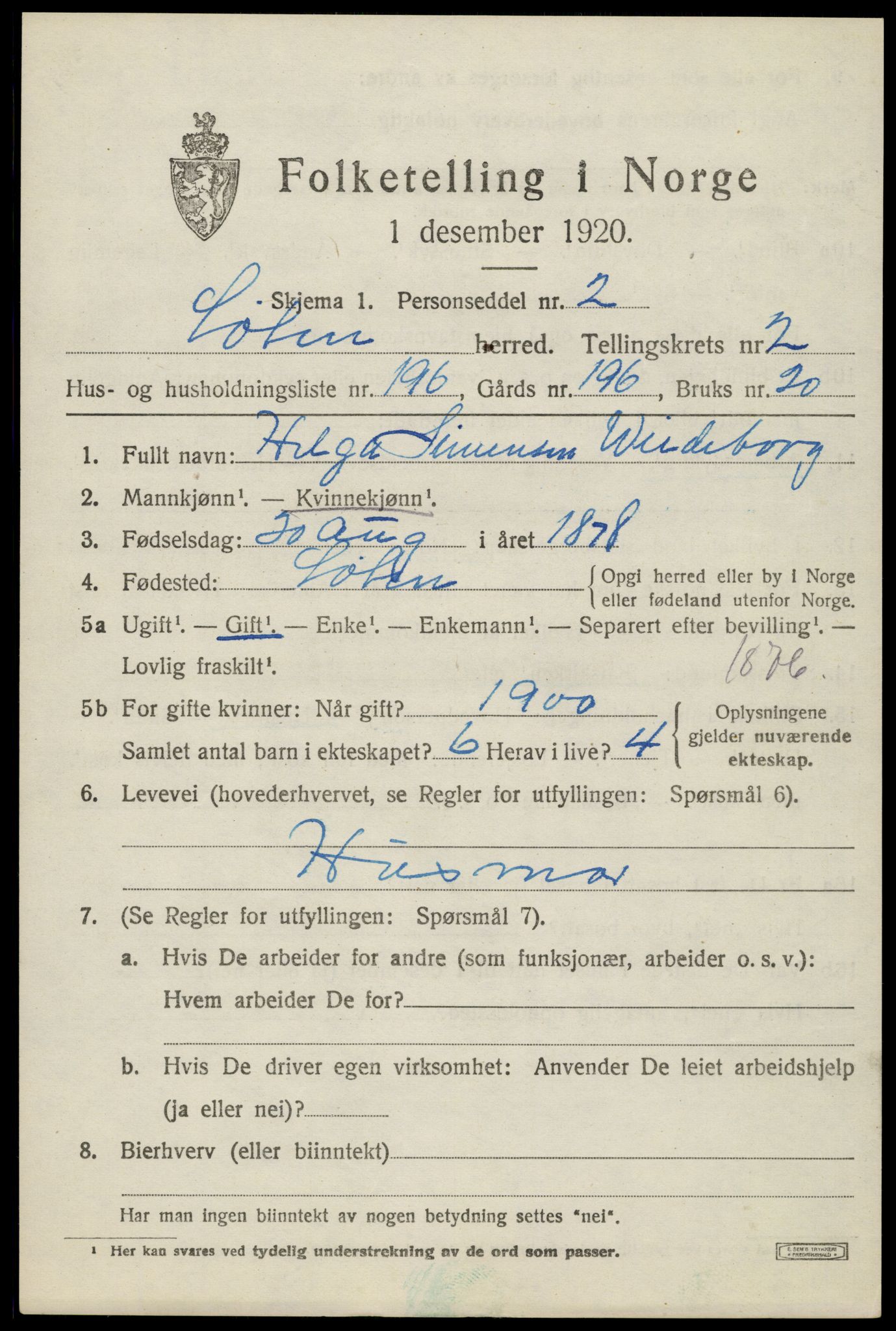 SAH, 1920 census for Løten, 1920, p. 7143