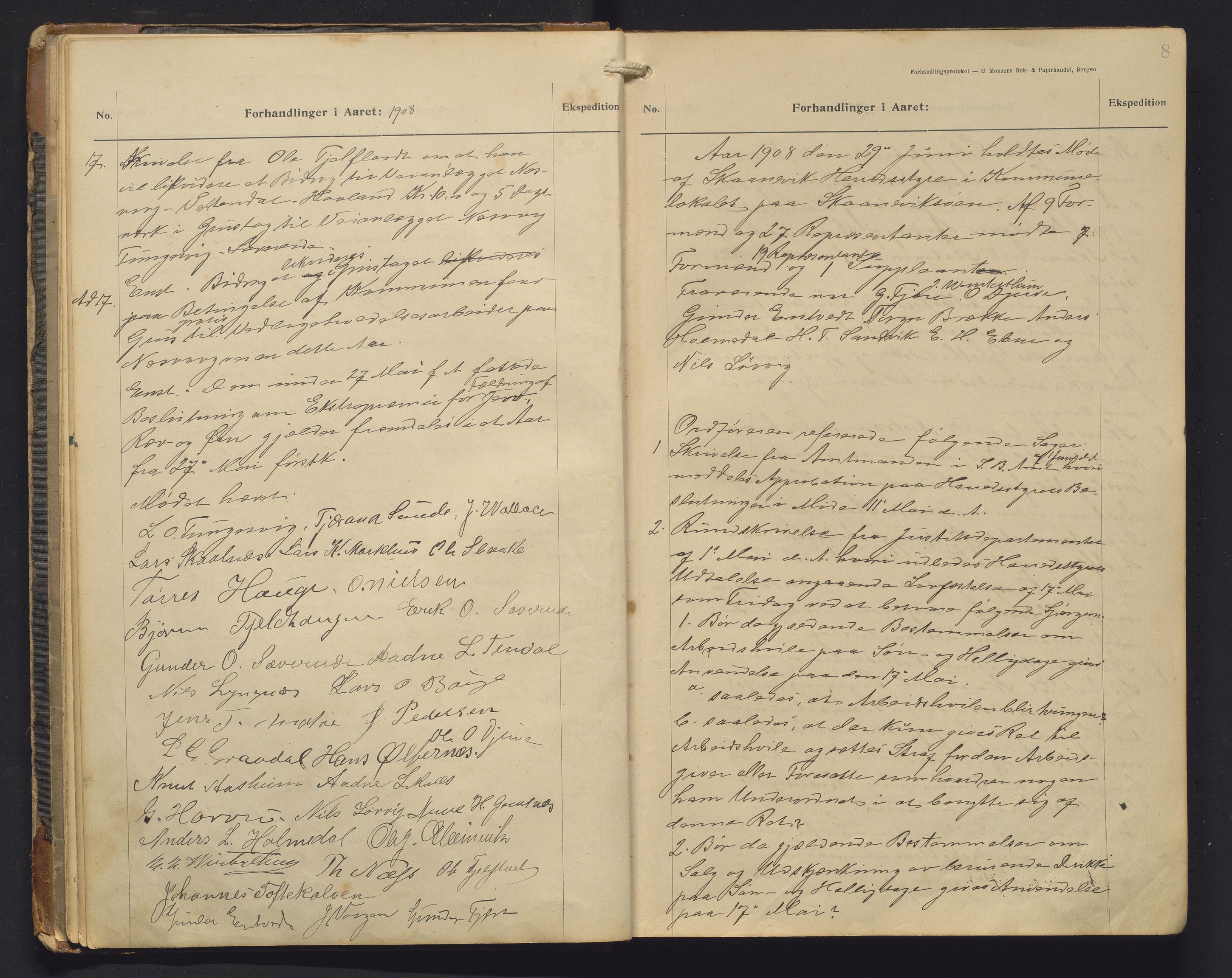 Skånevik kommune. Formannskapet, IKAH/1212-021/A/Aa/L0006: Møtebok for Skånevik formannskap og heradsstyre, 1908-1913, p. 8