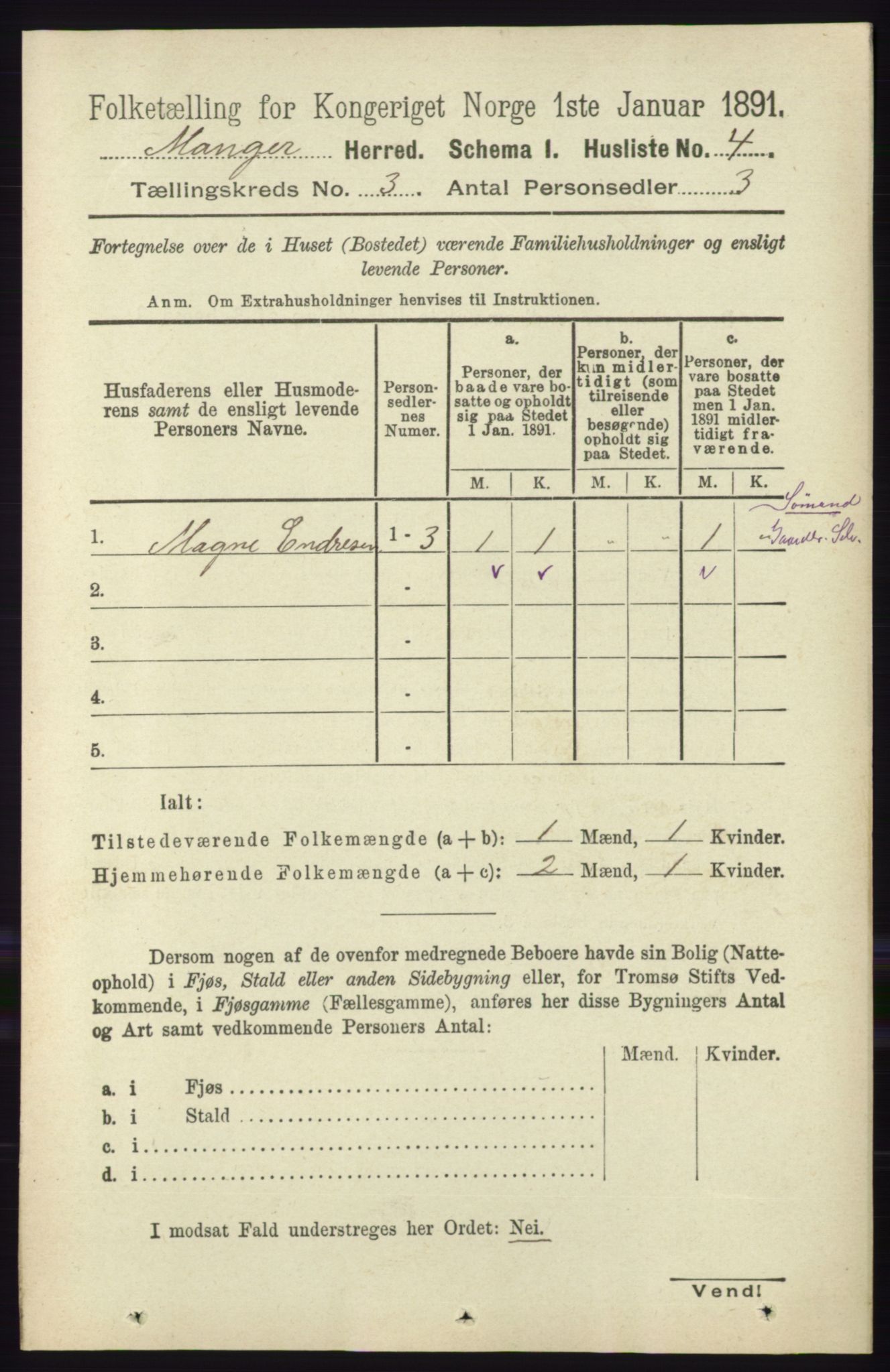 RA, 1891 census for 1261 Manger, 1891, p. 1346