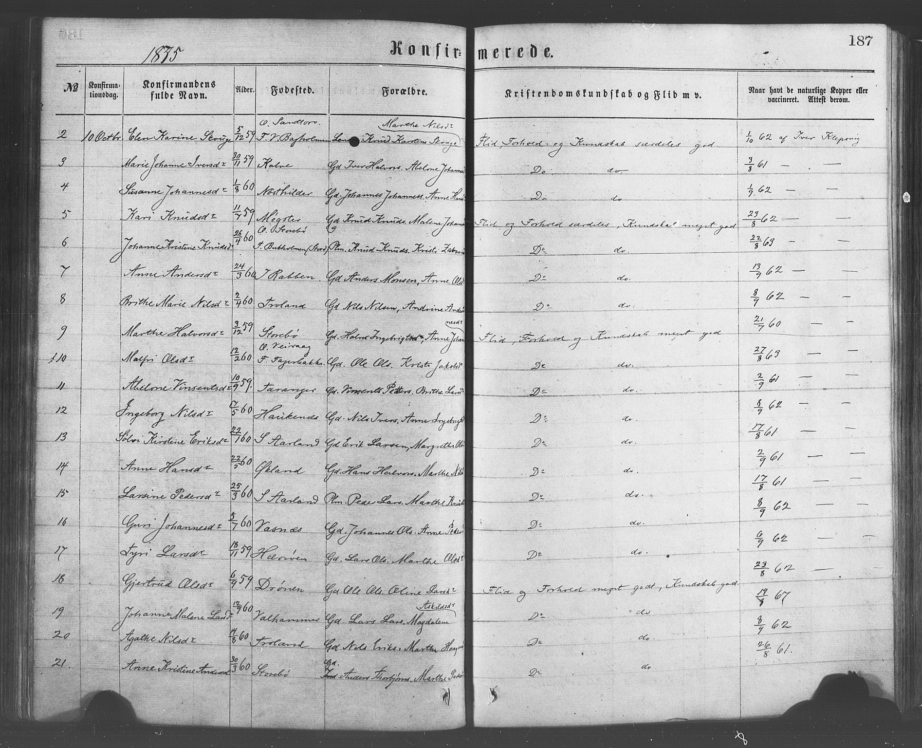 Sund sokneprestembete, AV/SAB-A-99930: Parish register (official) no. A 15, 1867-1881, p. 187