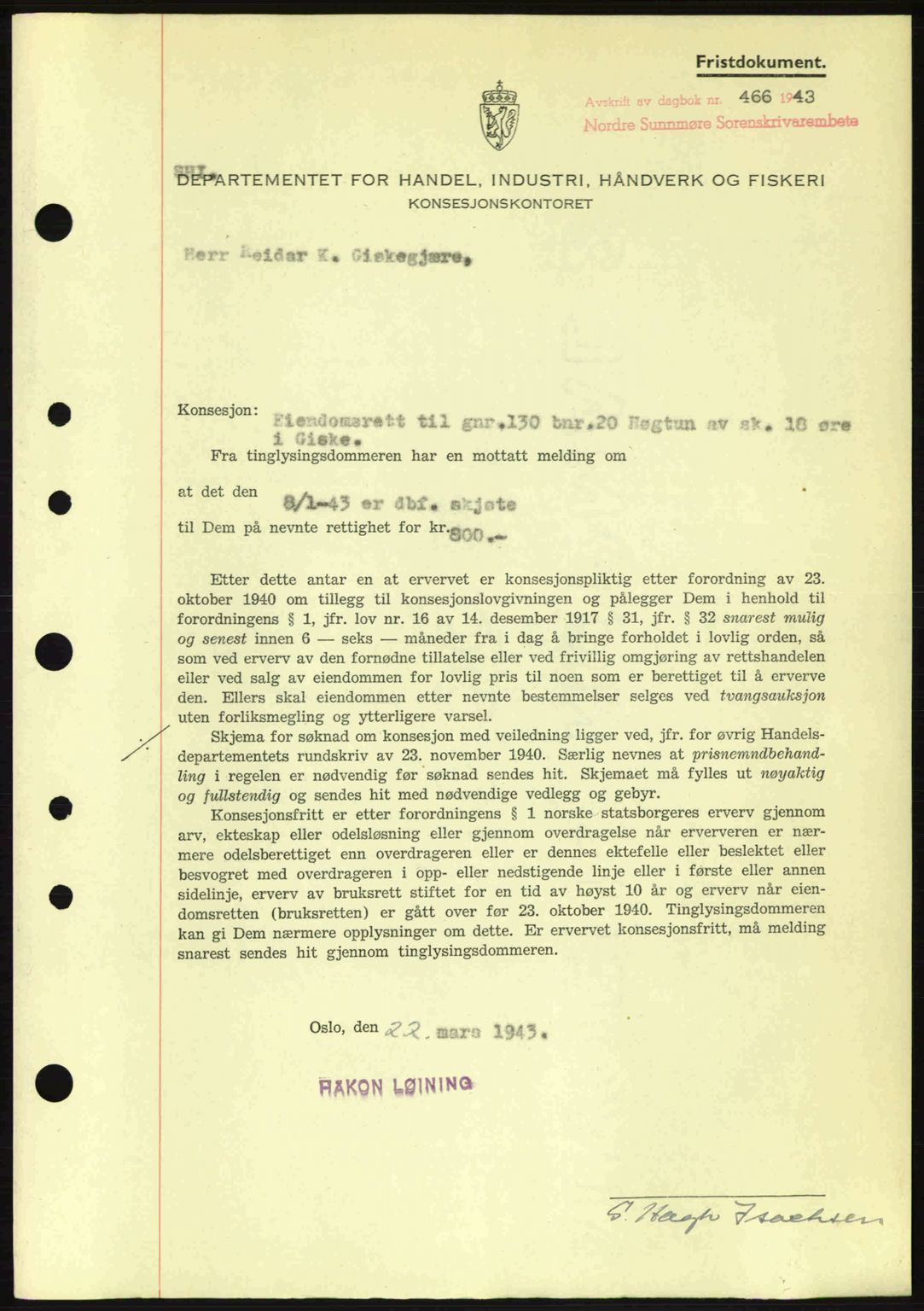Nordre Sunnmøre sorenskriveri, SAT/A-0006/1/2/2C/2Ca: Mortgage book no. B6-14 a, 1942-1945, Diary no: : 466/1943
