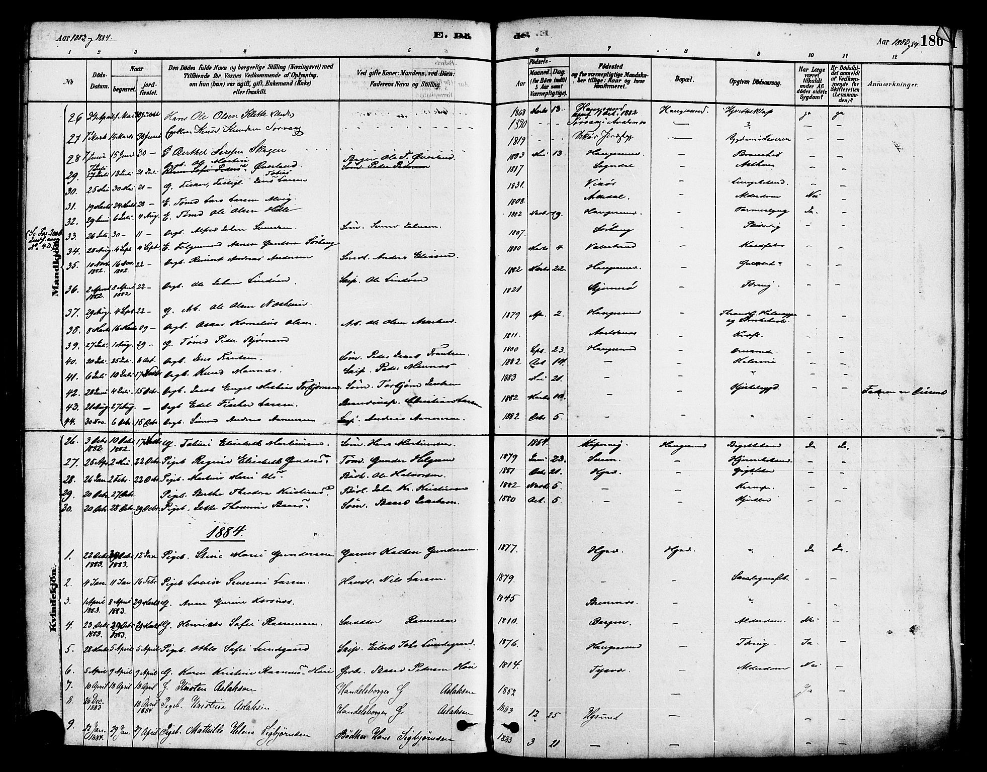 Haugesund sokneprestkontor, AV/SAST-A -101863/H/Ha/Haa/L0001: Parish register (official) no. A 1, 1878-1885, p. 186