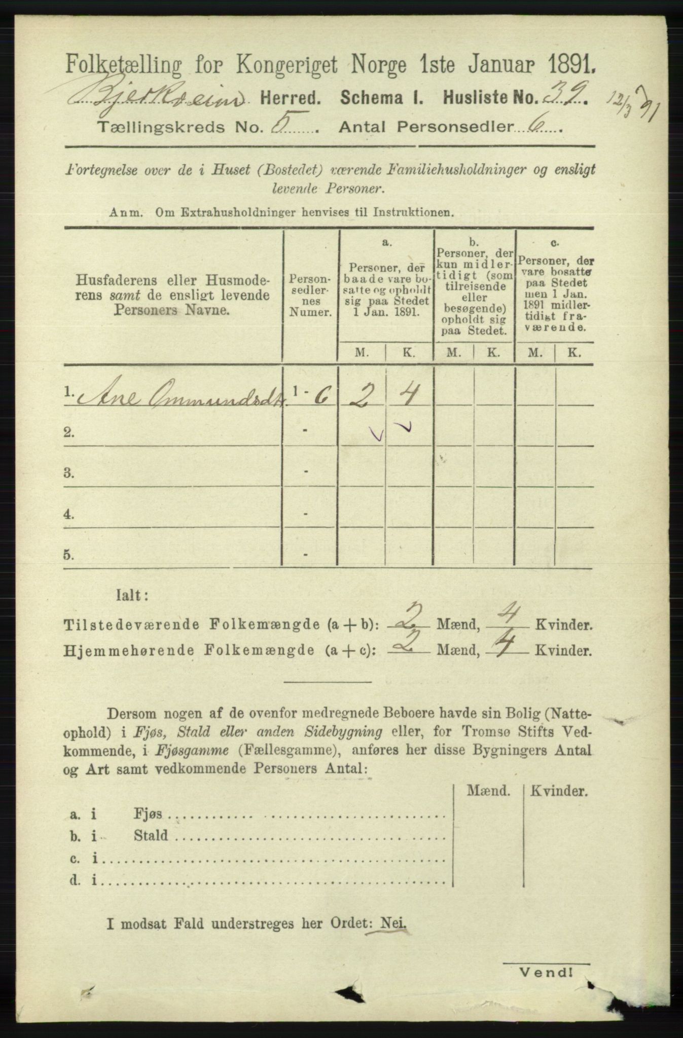 RA, 1891 census for 1114 Bjerkreim, 1891, p. 1691