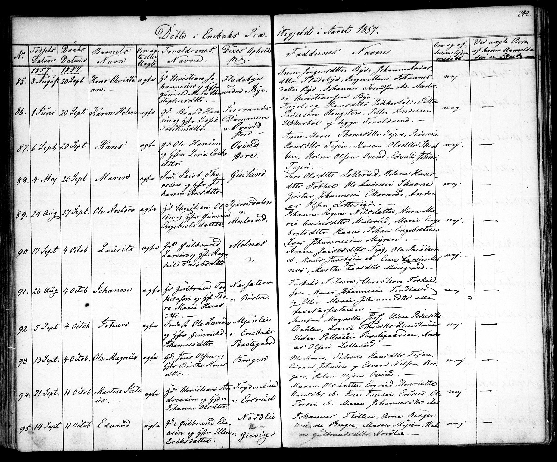 Enebakk prestekontor Kirkebøker, AV/SAO-A-10171c/F/Fa/L0009: Parish register (official) no. I 9, 1832-1861, p. 242