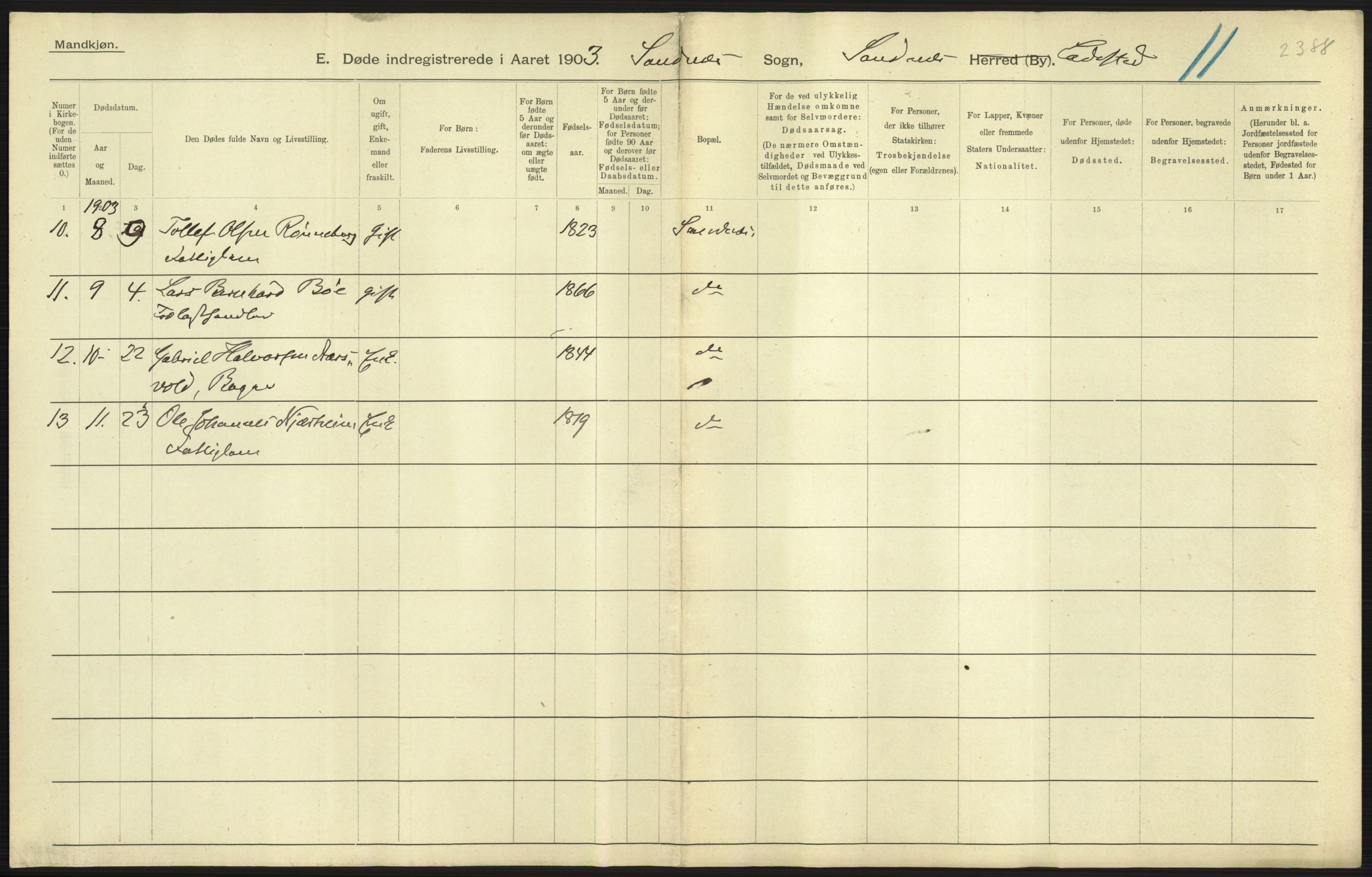 Statistisk sentralbyrå, Sosiodemografiske emner, Befolkning, AV/RA-S-2228/D/Df/Dfa/Dfaa/L0012: Stavanger amt: Fødte, gifte, døde, 1903, p. 825