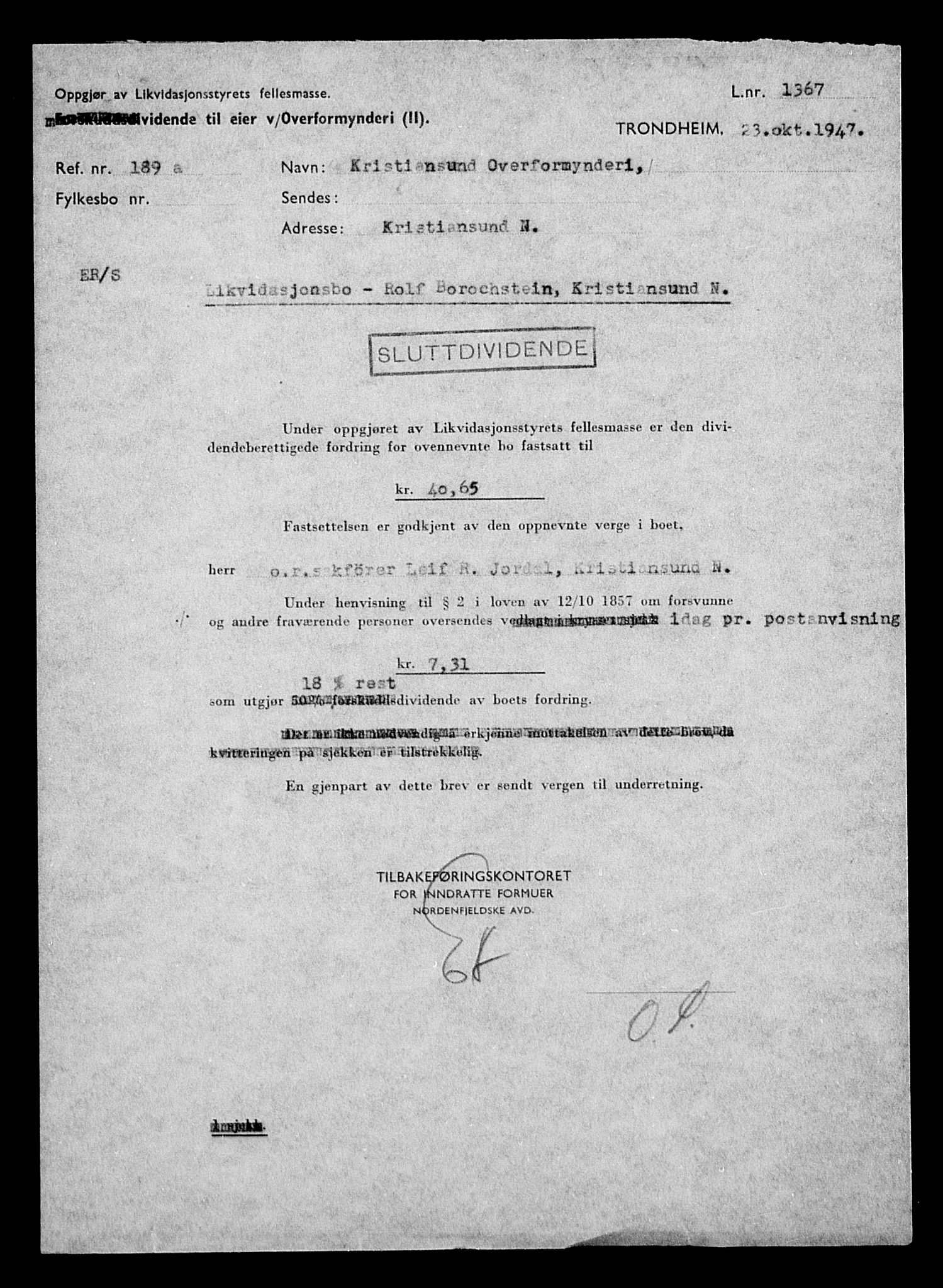 Justisdepartementet, Tilbakeføringskontoret for inndratte formuer, AV/RA-S-1564/H/Hc/Hcb/L0910: --, 1945-1947, p. 424