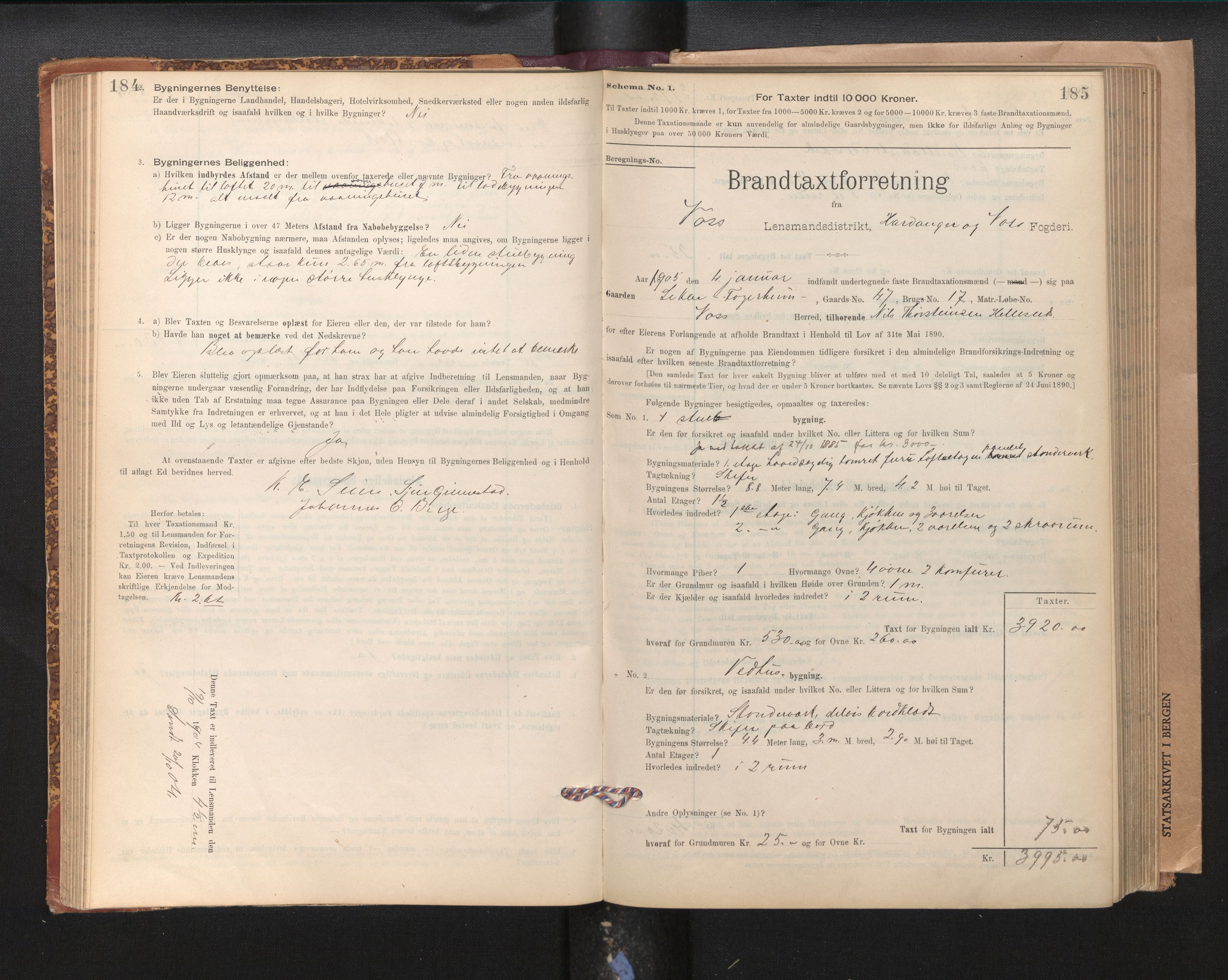 Lensmannen i Voss, SAB/A-35801/0012/L0008: Branntakstprotokoll, skjematakst, 1895-1945, p. 184-185