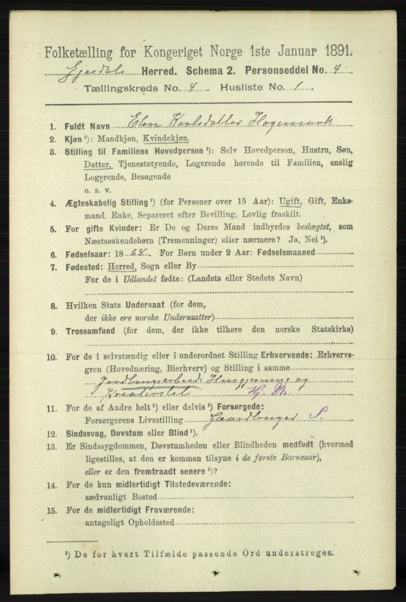 RA, 1891 census for 1122 Gjesdal, 1891, p. 1185