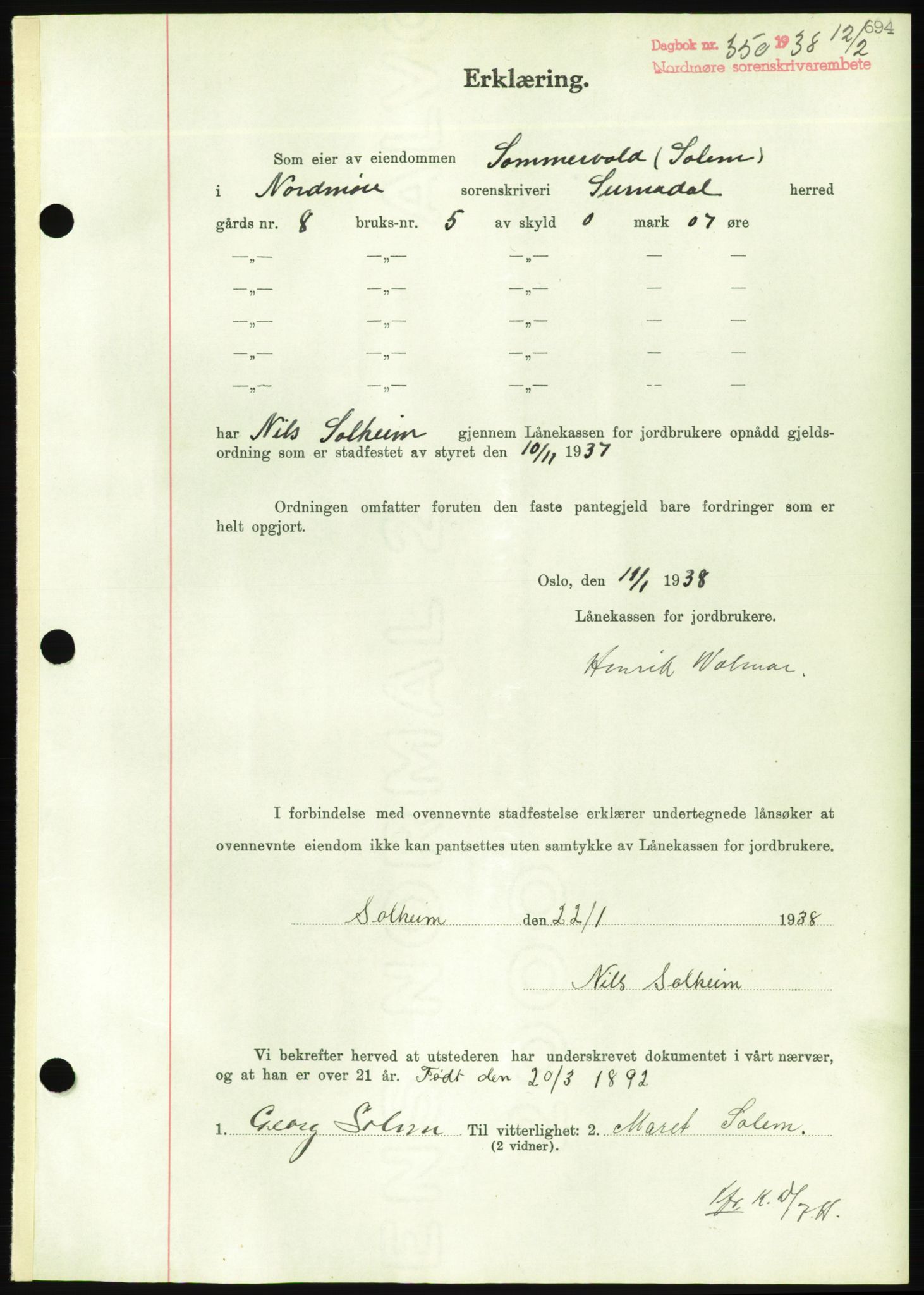 Nordmøre sorenskriveri, AV/SAT-A-4132/1/2/2Ca/L0092: Mortgage book no. B82, 1937-1938, Diary no: : 350/1938