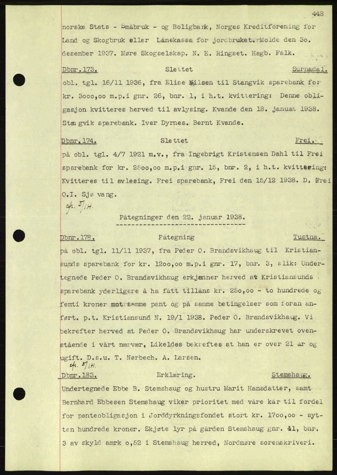 Nordmøre sorenskriveri, AV/SAT-A-4132/1/2/2Ca: Mortgage book no. C80, 1936-1939, Diary no: : 173/1938