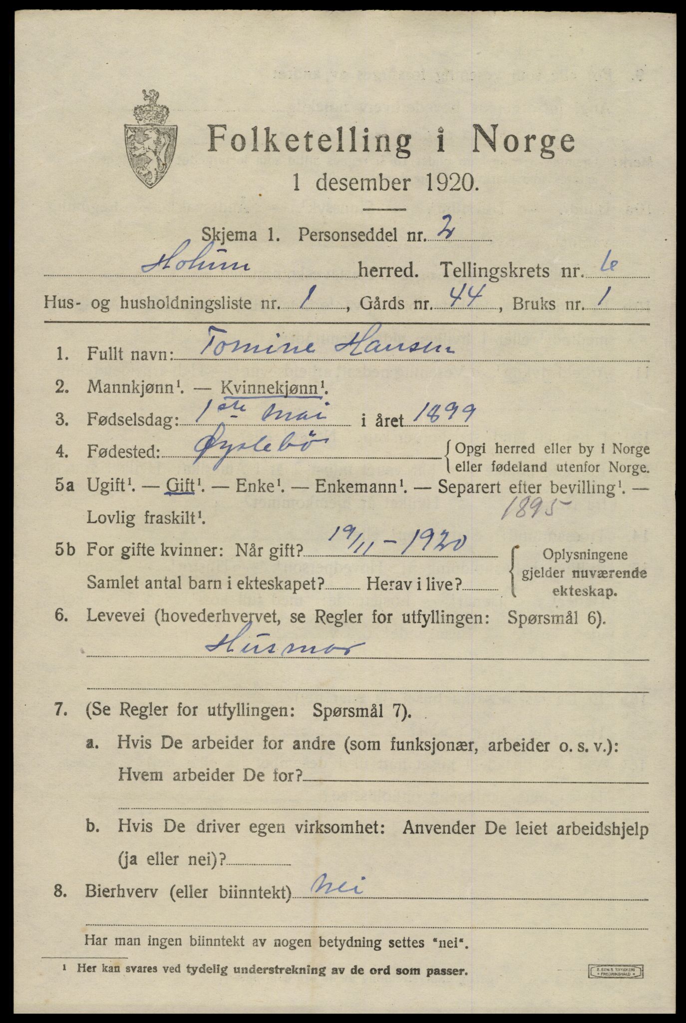 SAK, 1920 census for Holum, 1920, p. 2289