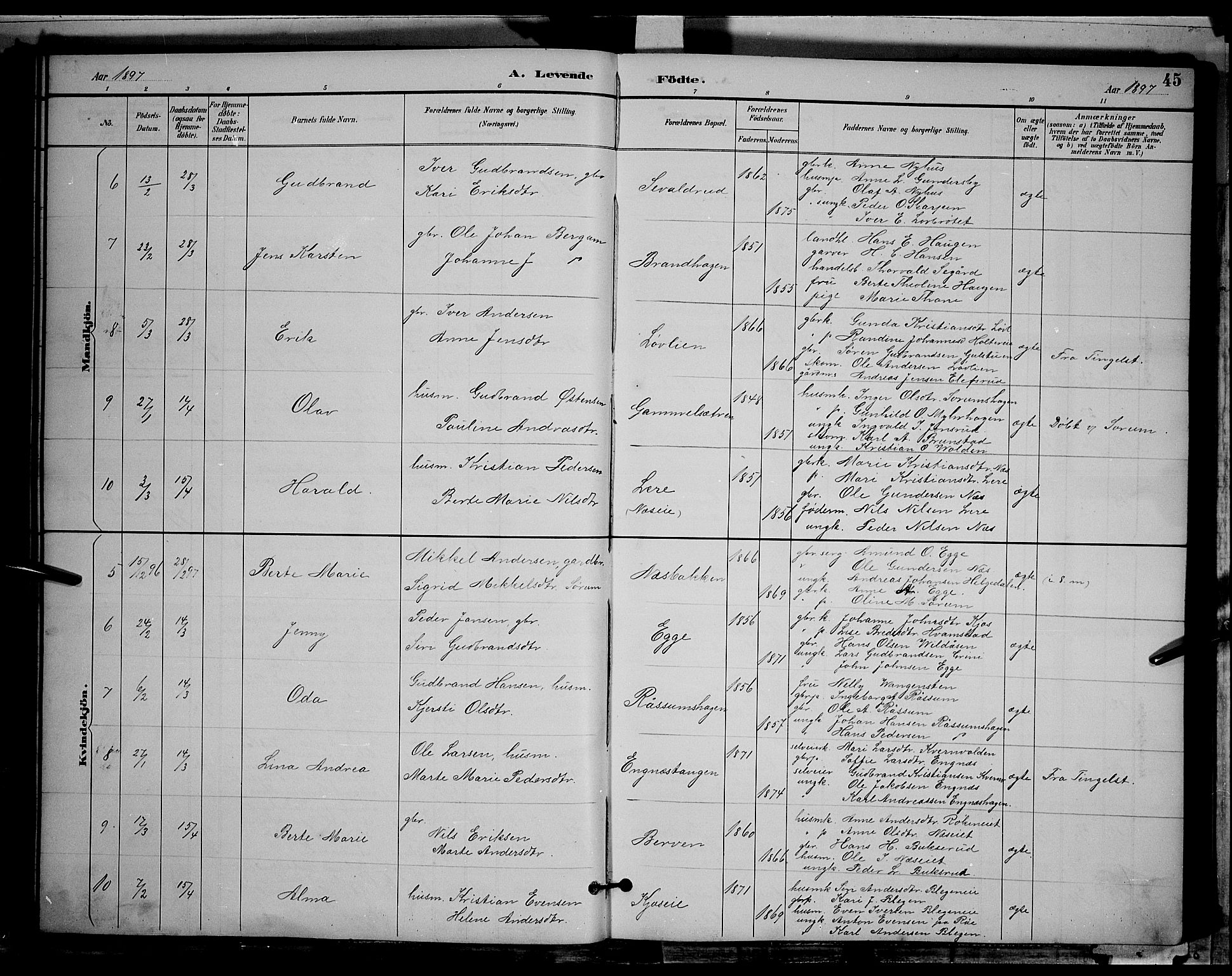 Gran prestekontor, AV/SAH-PREST-112/H/Ha/Hab/L0004: Parish register (copy) no. 4, 1890-1899, p. 45