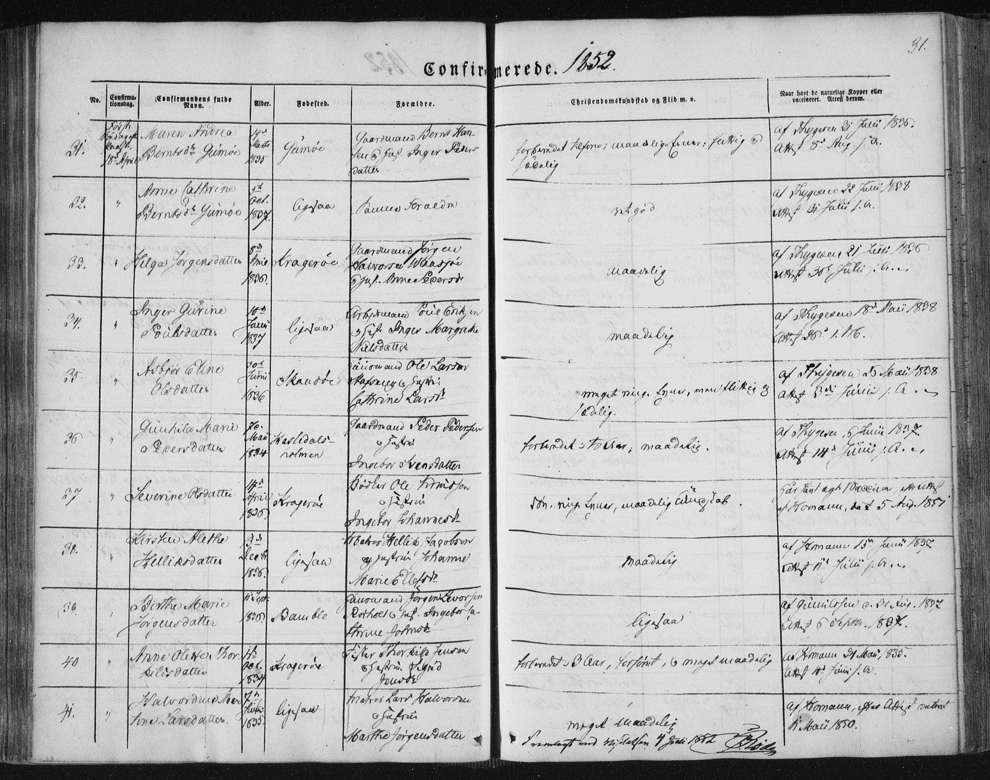 Kragerø kirkebøker, SAKO/A-278/F/Fa/L0006: Parish register (official) no. 6, 1847-1861, p. 31