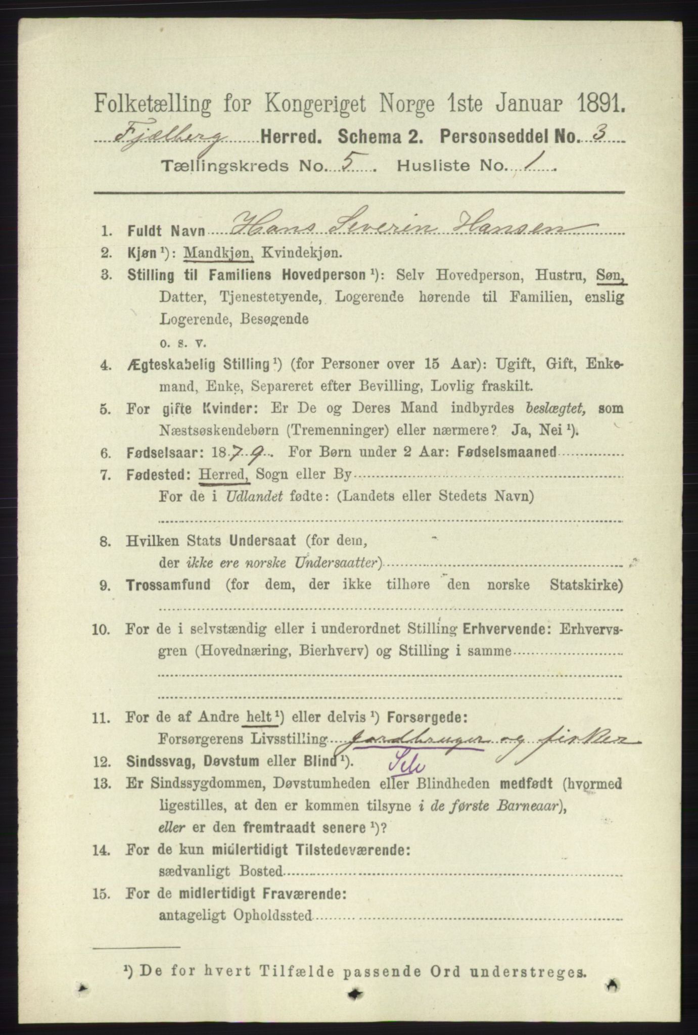 RA, 1891 census for 1213 Fjelberg, 1891, p. 1485