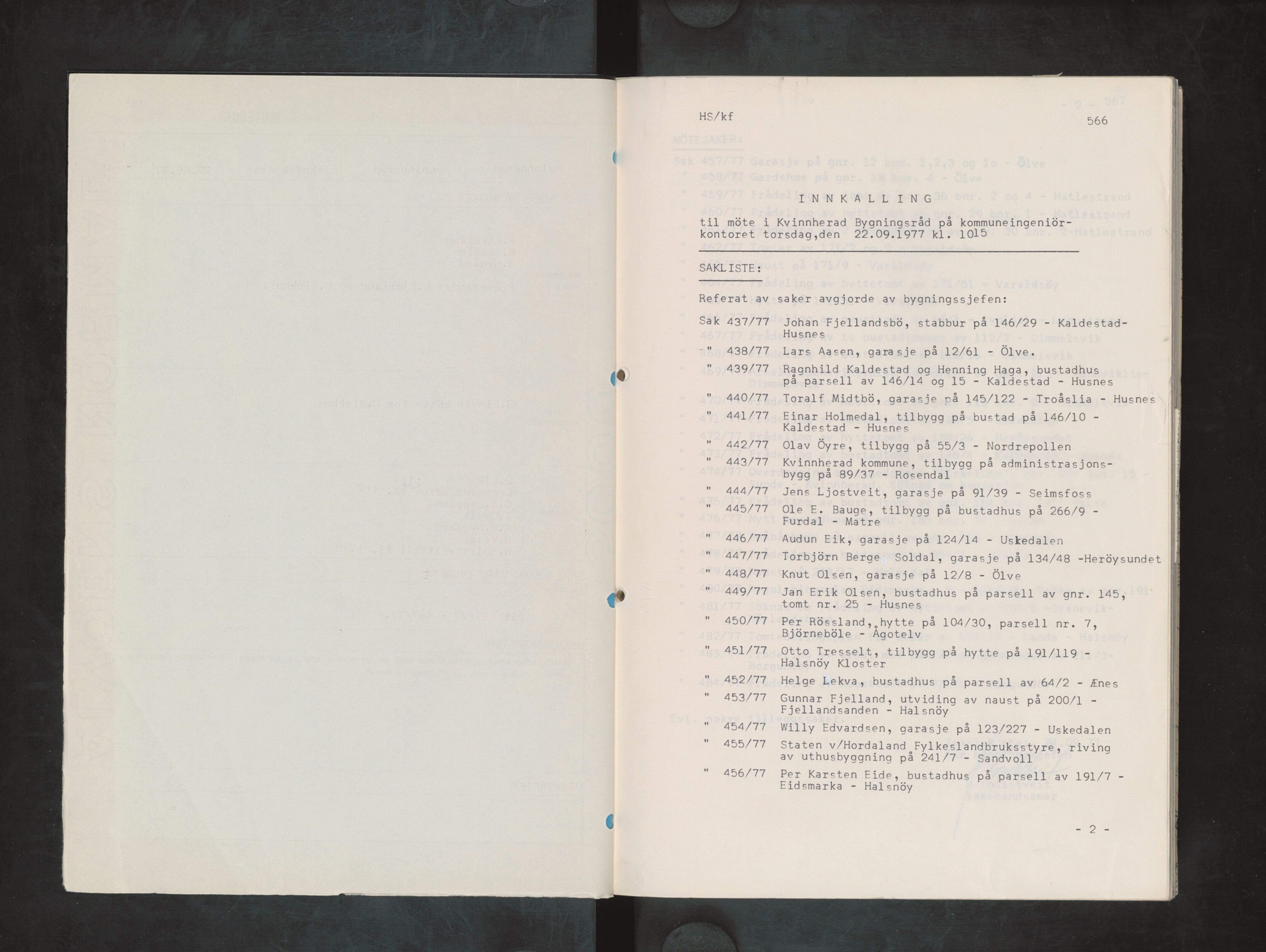 Kvinnherad kommune. Bygningsrådet , IKAH/1224-511/A/Aa/L0017: Møtebøker for bygningsrådet , 1977