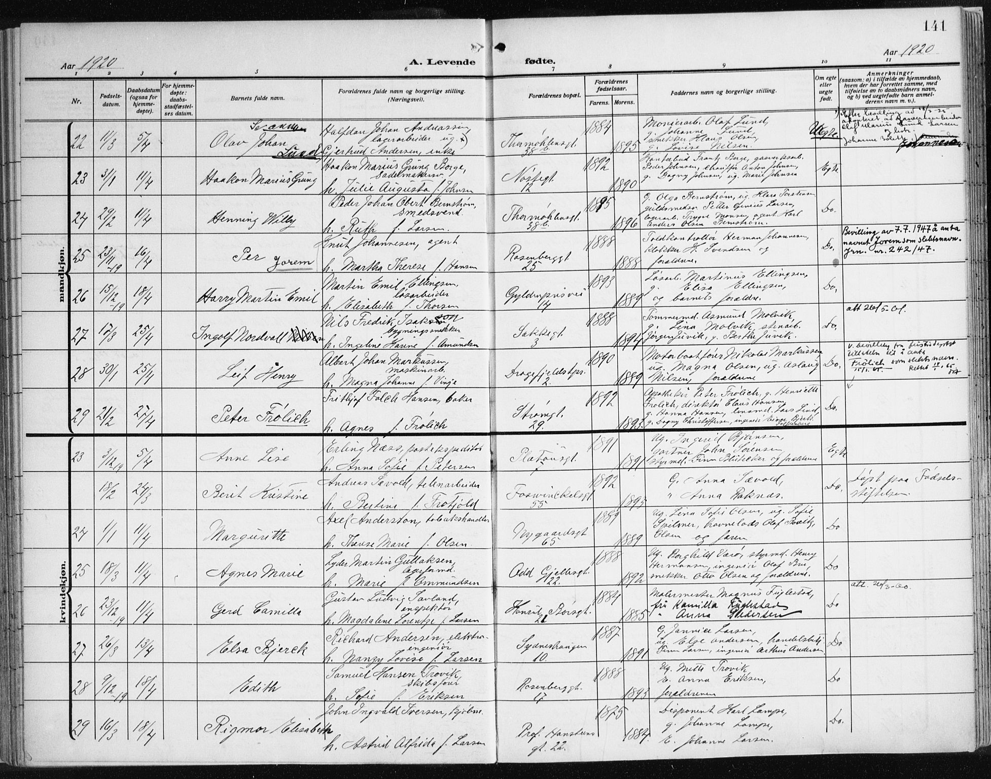 Johanneskirken sokneprestembete, AV/SAB-A-76001/H/Haa: Parish register (official) no. A 3, 1913-1934, p. 141