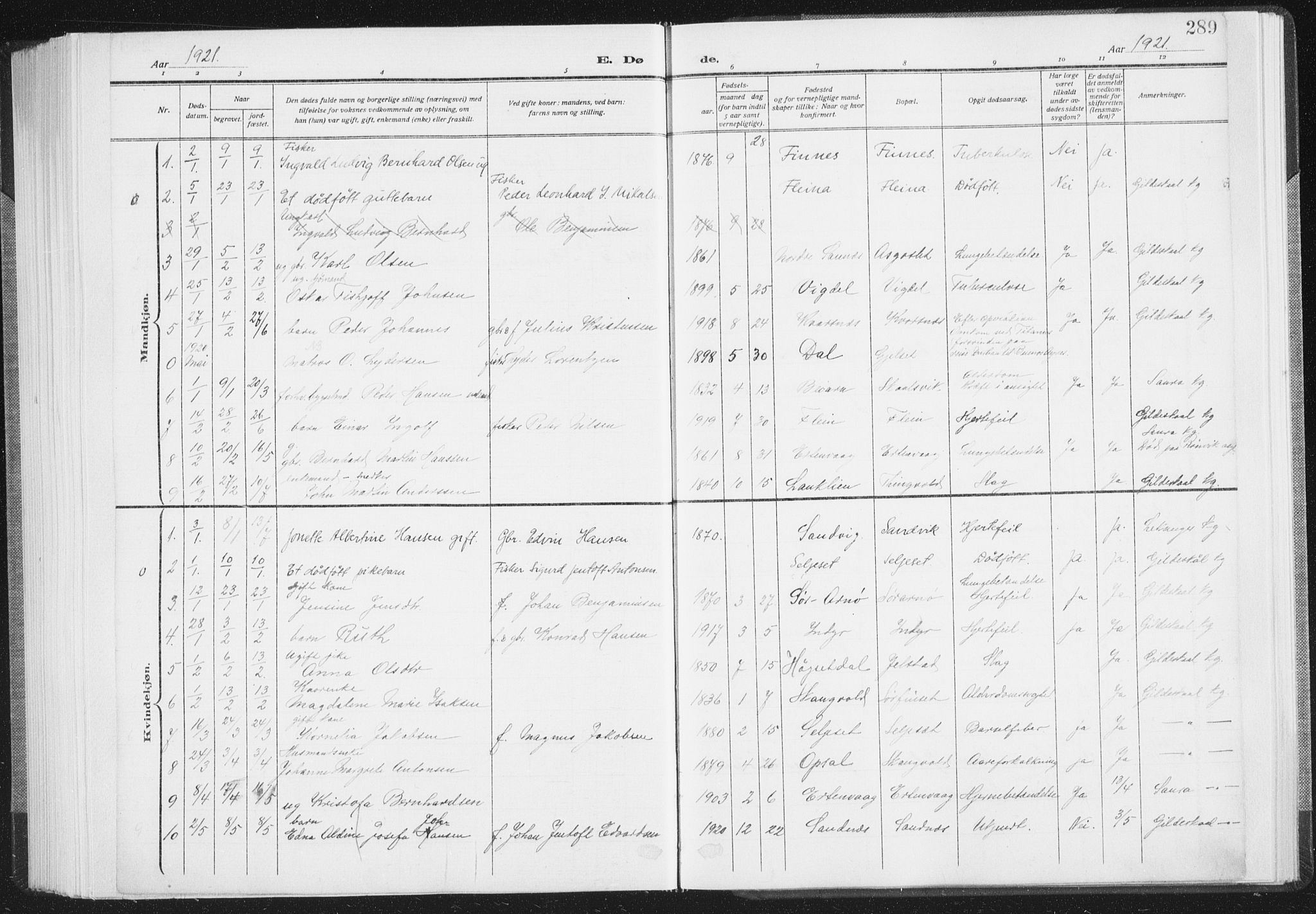 Ministerialprotokoller, klokkerbøker og fødselsregistre - Nordland, AV/SAT-A-1459/805/L0104: Parish register (official) no. 805A09, 1909-1926, p. 289