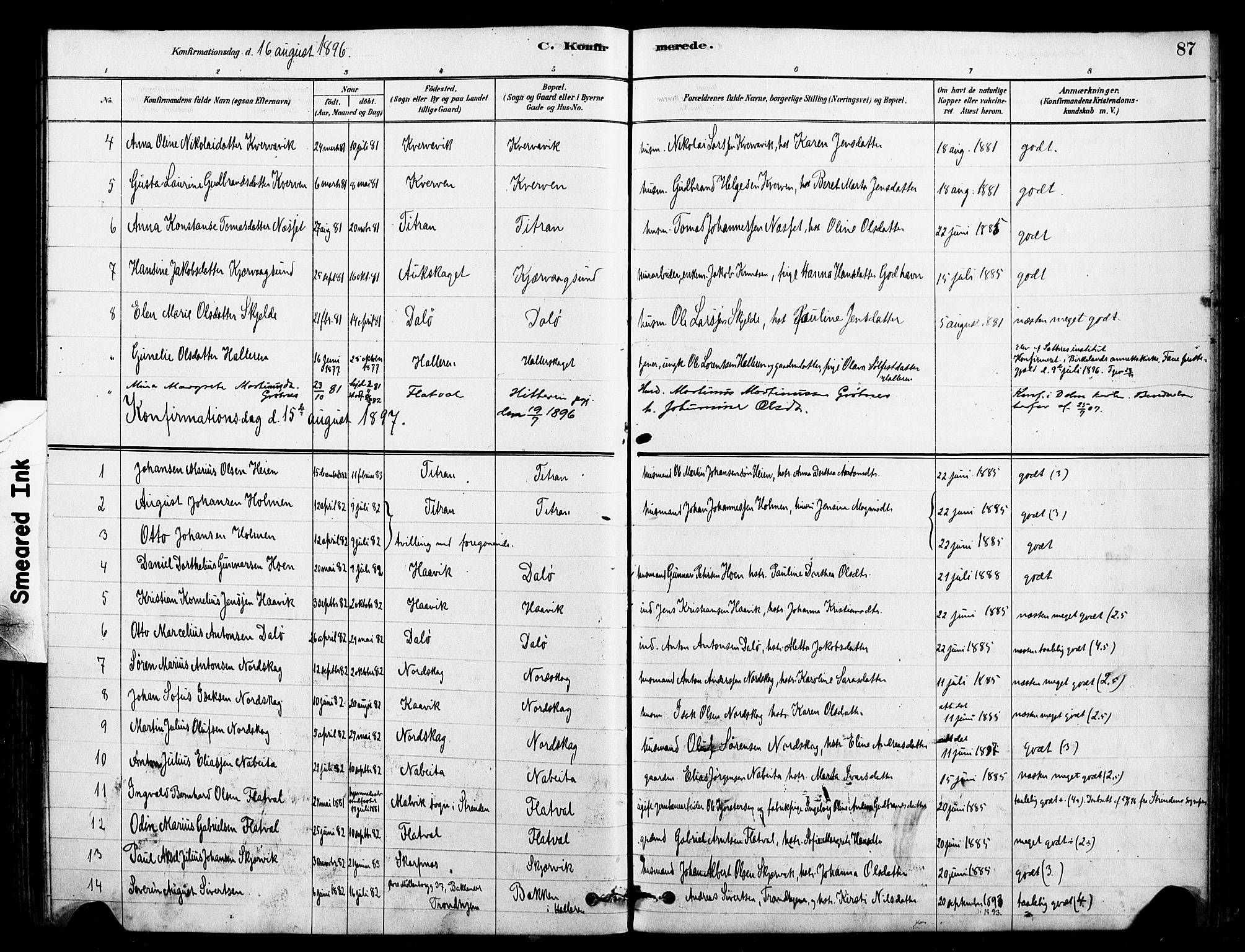 Ministerialprotokoller, klokkerbøker og fødselsregistre - Sør-Trøndelag, SAT/A-1456/641/L0595: Parish register (official) no. 641A01, 1882-1897, p. 87