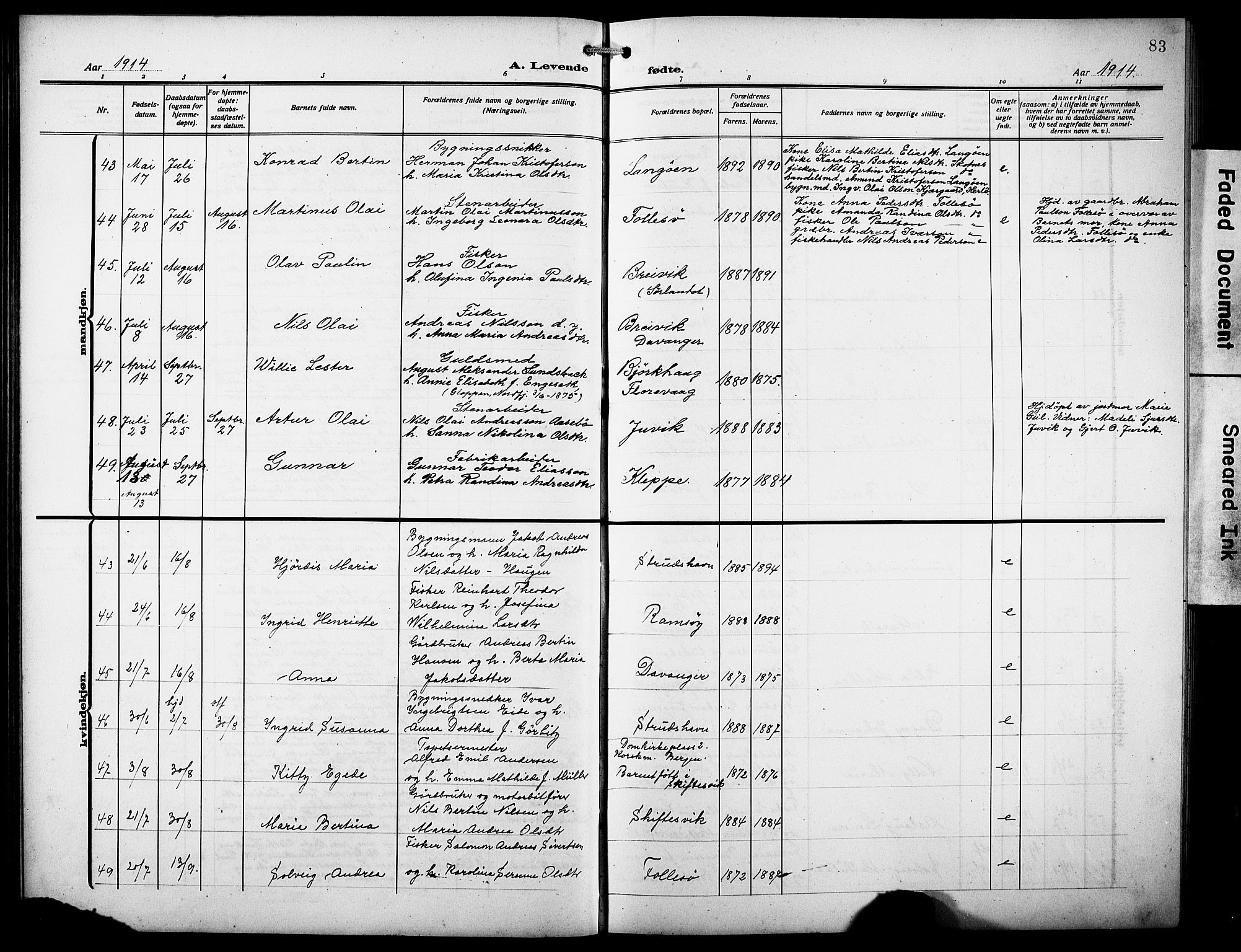 Askøy Sokneprestembete, AV/SAB-A-74101/H/Ha/Hab/Haba/L0011: Parish register (copy) no. A 11, 1908-1931, p. 83