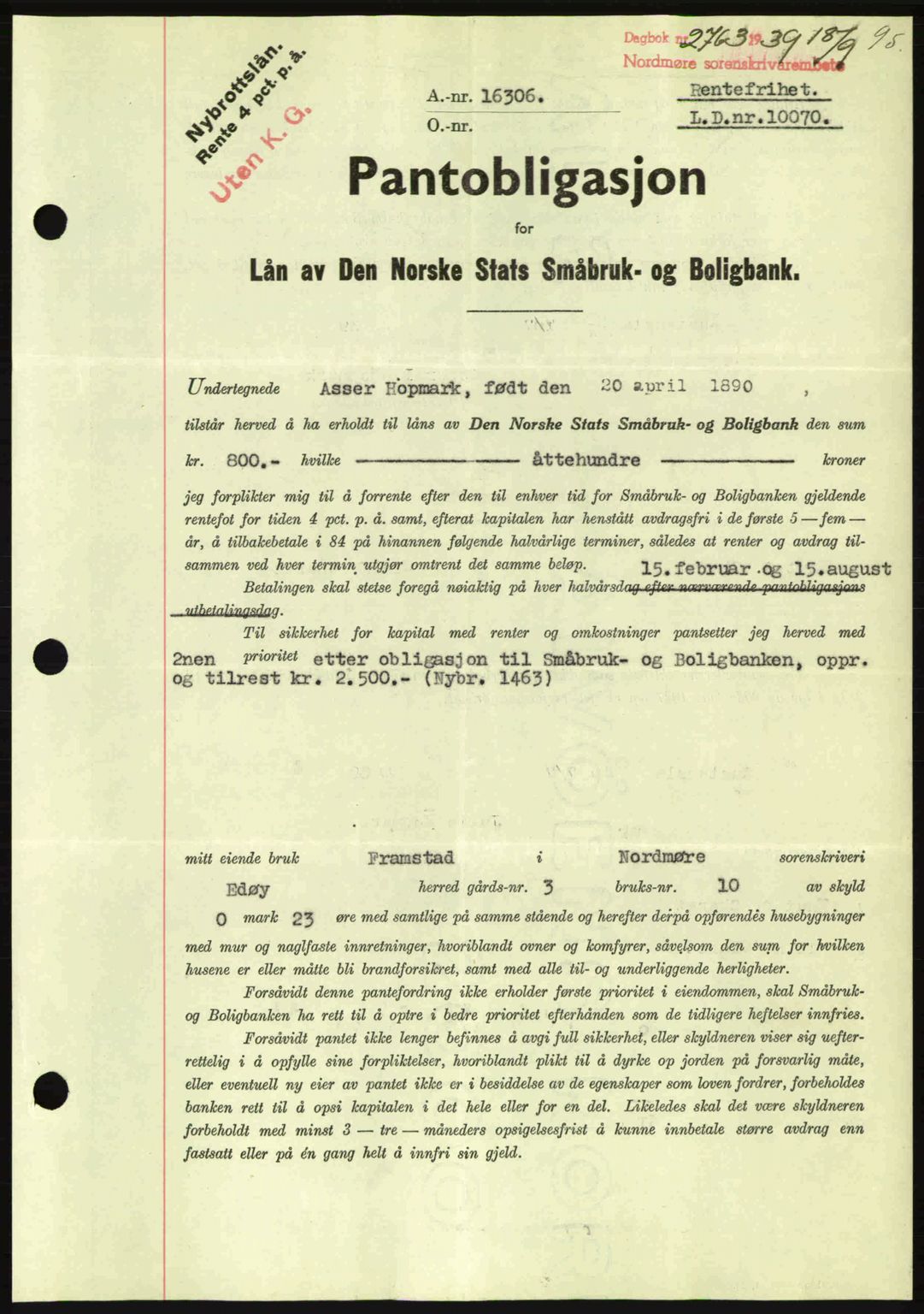 Nordmøre sorenskriveri, AV/SAT-A-4132/1/2/2Ca: Mortgage book no. B86, 1939-1940, Diary no: : 2763/1939