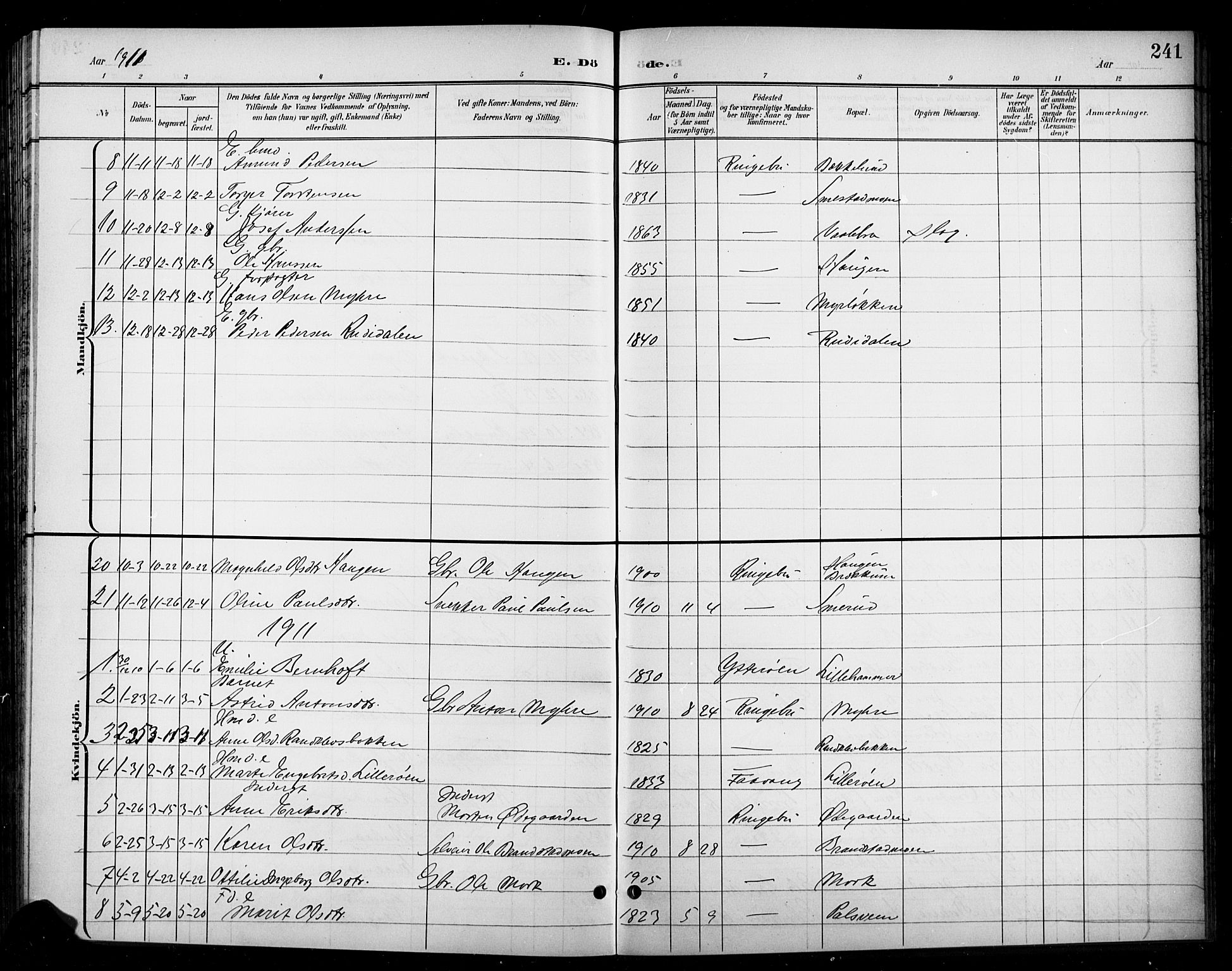 Ringebu prestekontor, AV/SAH-PREST-082/H/Ha/Hab/L0009: Parish register (copy) no. 9, 1899-1921, p. 241