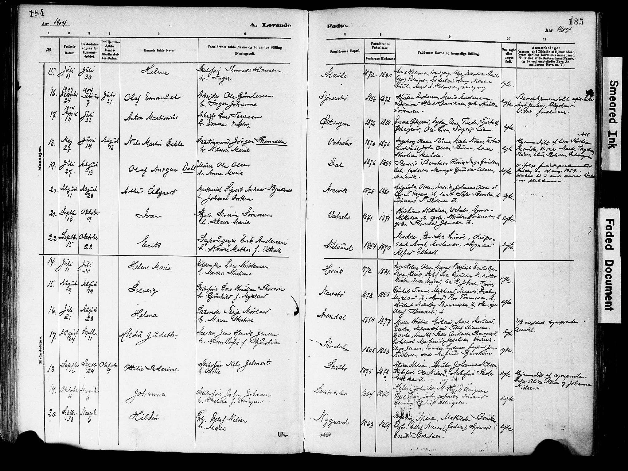 Dypvåg sokneprestkontor, AV/SAK-1111-0007/F/Fa/Fab/L0001: Parish register (official) no. A 1, 1885-1912, p. 184-185