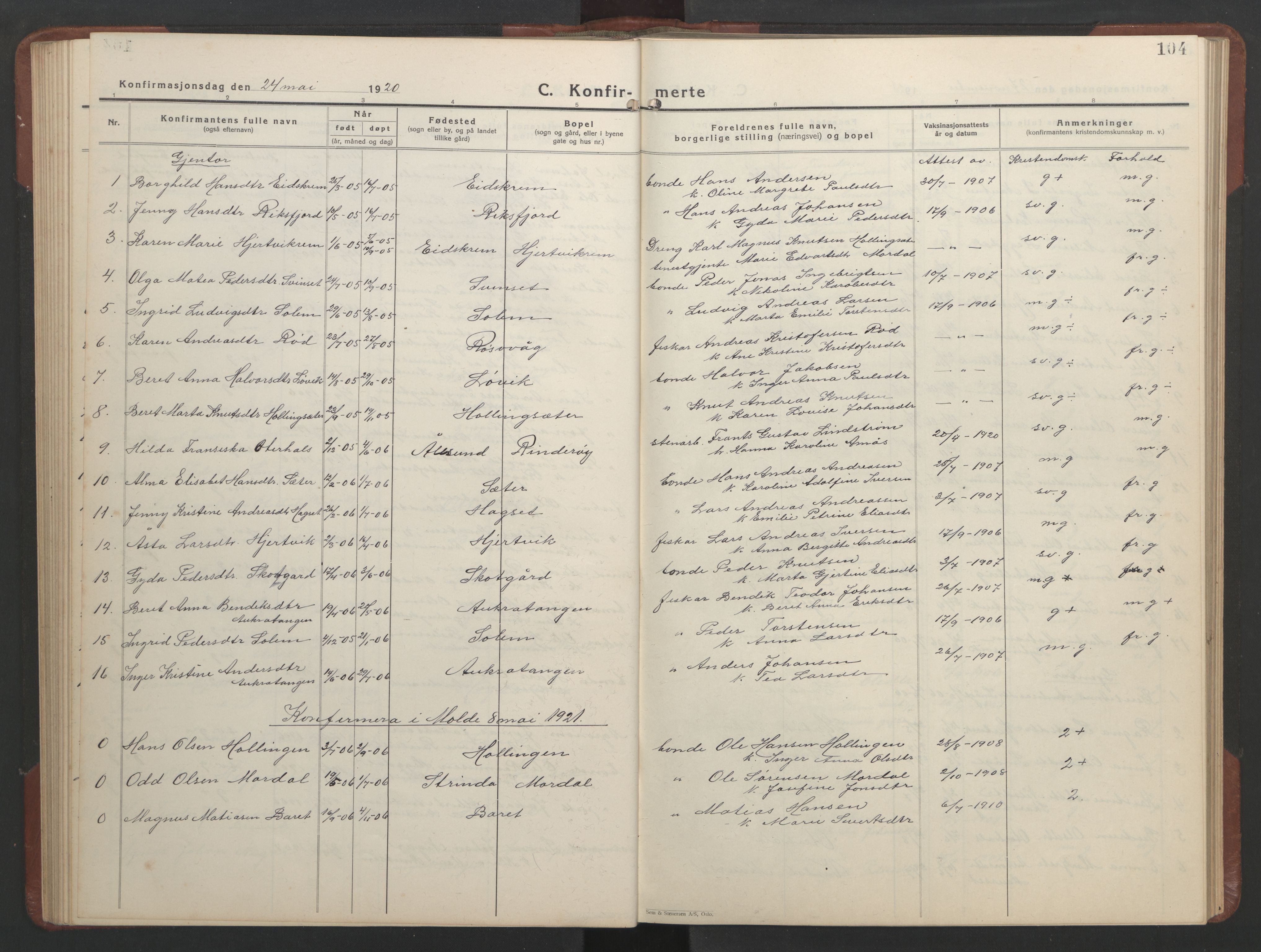 Ministerialprotokoller, klokkerbøker og fødselsregistre - Møre og Romsdal, AV/SAT-A-1454/560/L0726: Parish register (copy) no. 560C03, 1928-1952, p. 104