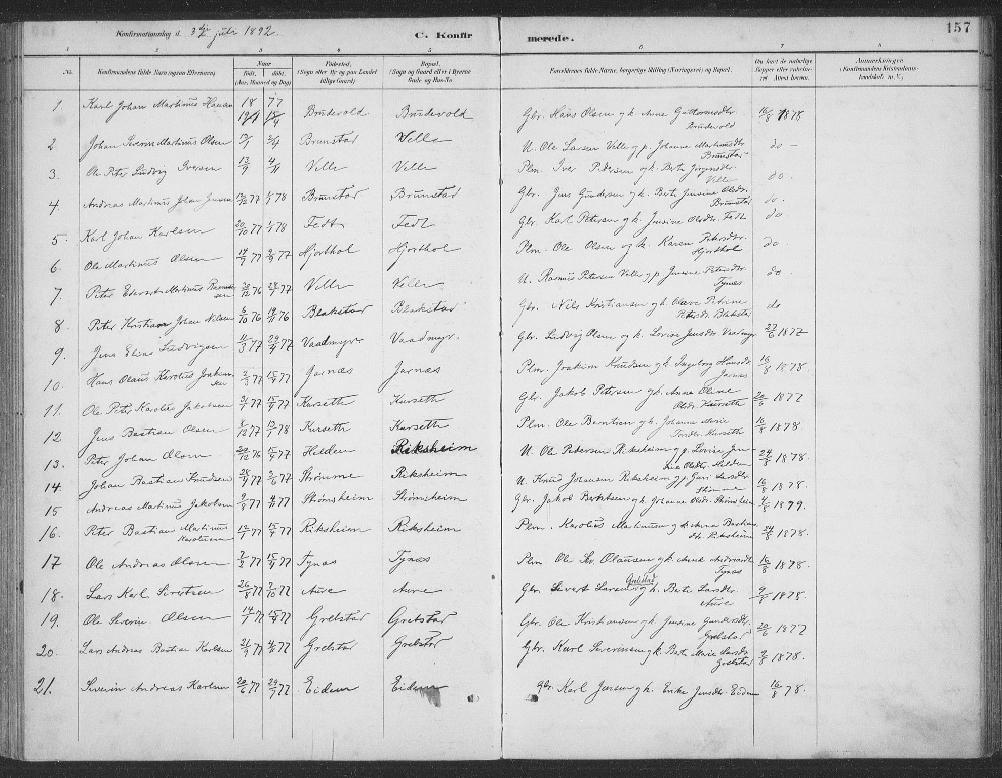 Ministerialprotokoller, klokkerbøker og fødselsregistre - Møre og Romsdal, SAT/A-1454/523/L0335: Parish register (official) no. 523A02, 1891-1911, p. 157