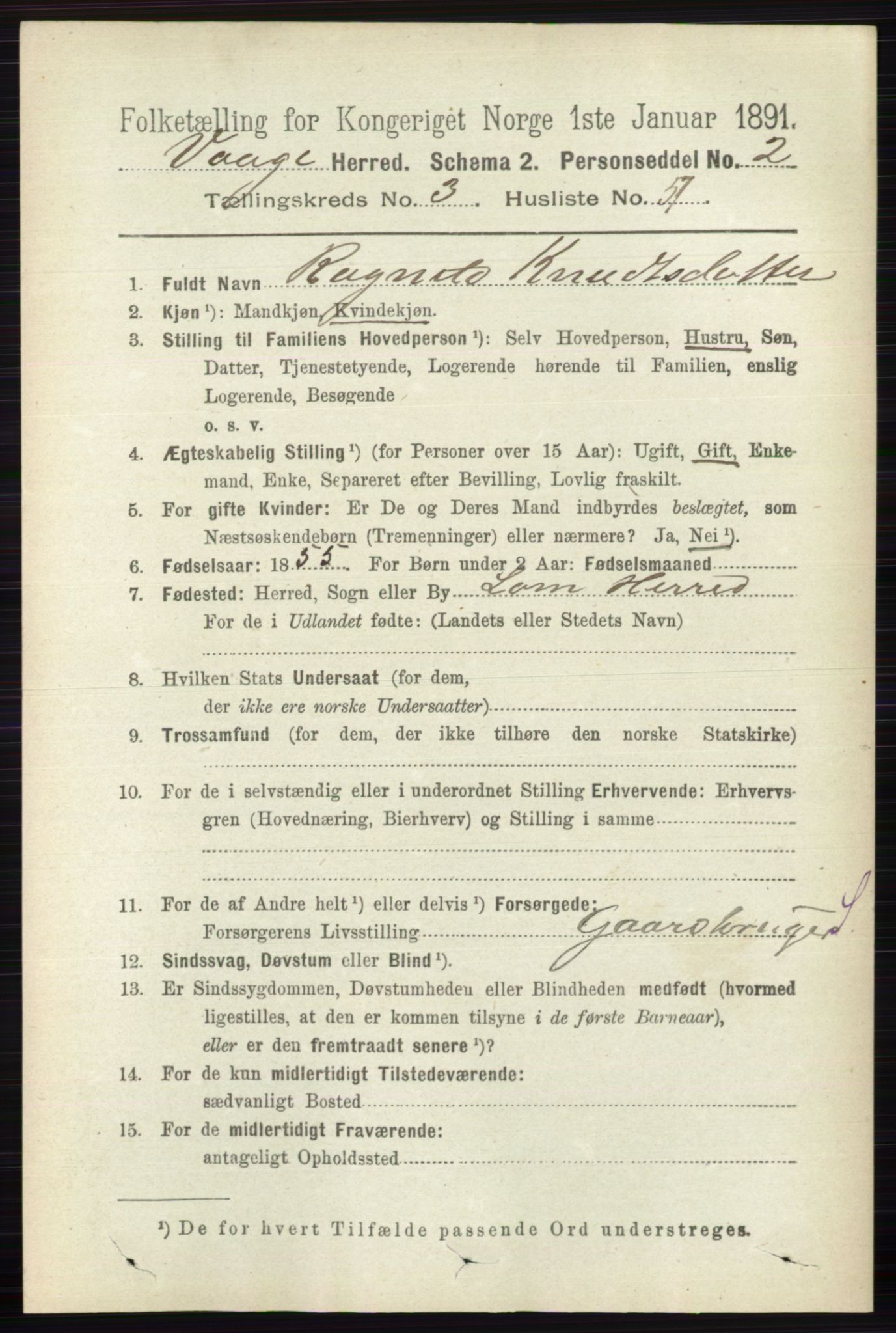 RA, 1891 census for 0515 Vågå, 1891, p. 2622