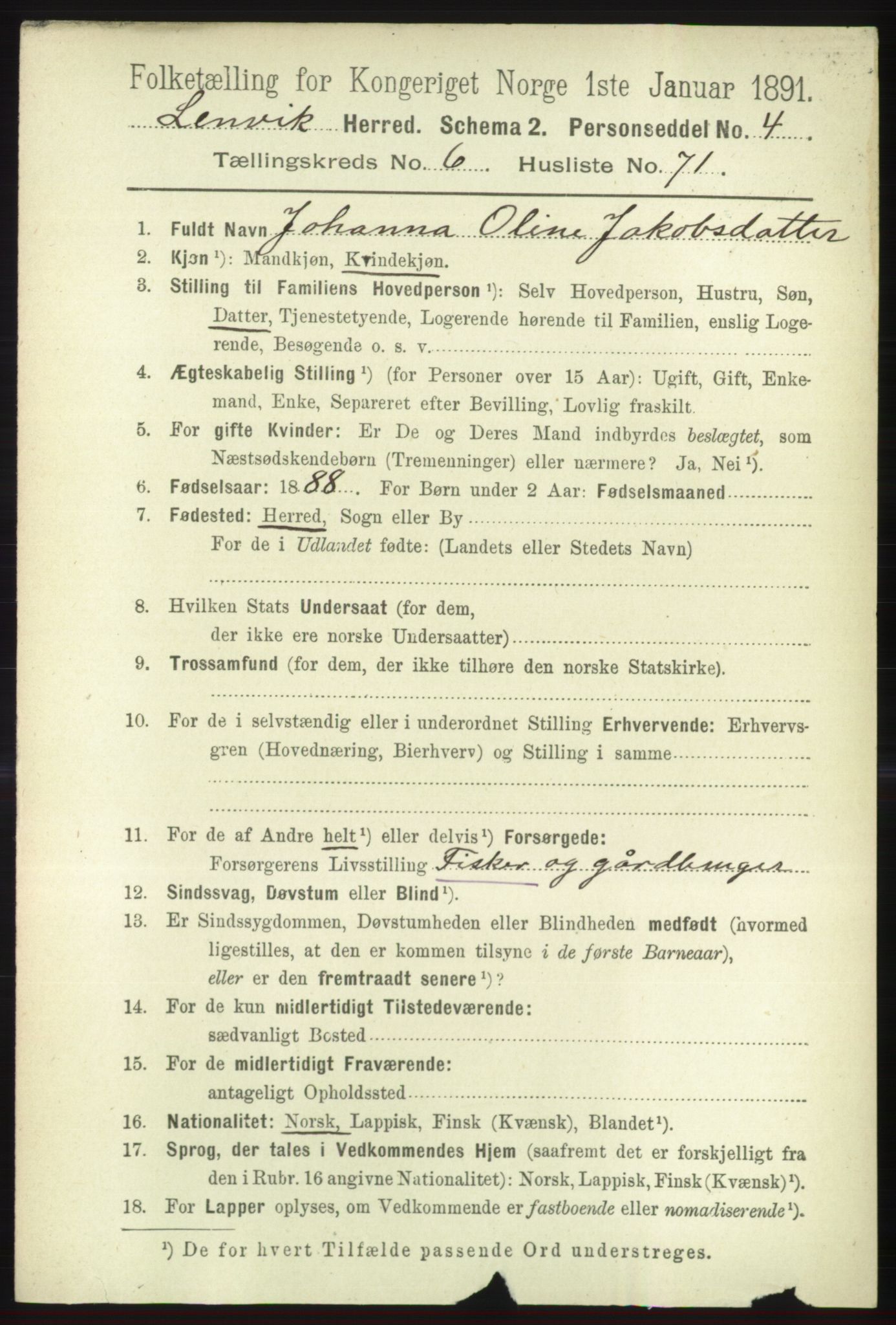 RA, 1891 census for 1931 Lenvik, 1891, p. 3695