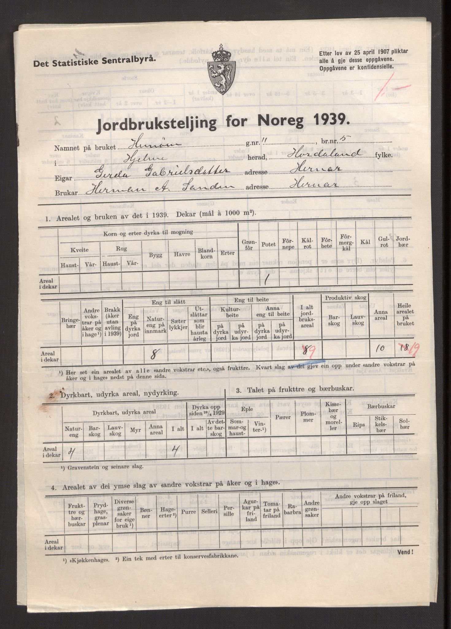 Statistisk sentralbyrå, Næringsøkonomiske emner, Jordbruk, skogbruk, jakt, fiske og fangst, AV/RA-S-2234/G/Gb/L0211: Hordaland: Herdla, Hjelme og Manger, 1939, p. 1243