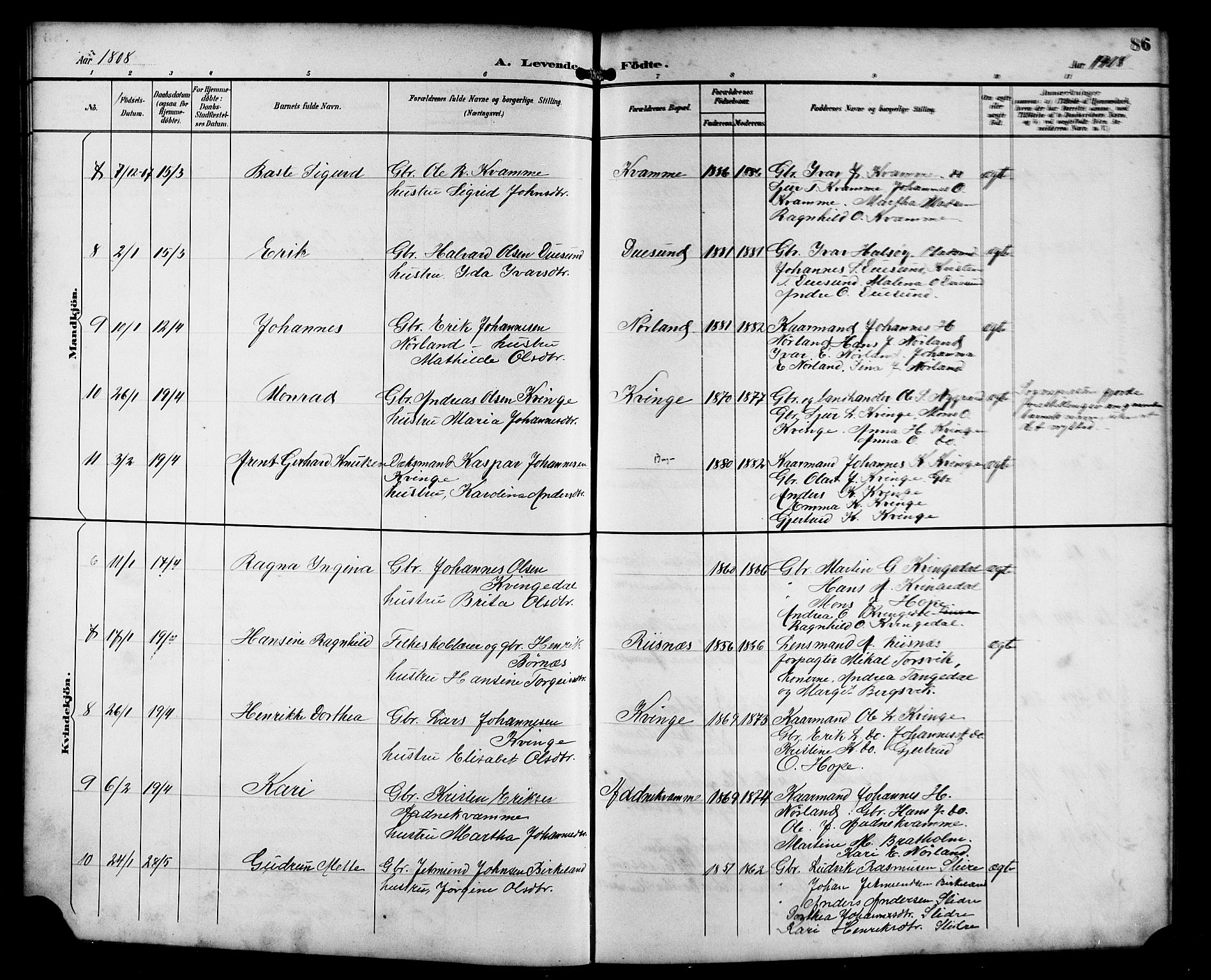 Masfjorden Sokneprestembete, AV/SAB-A-77001: Parish register (copy) no. B 1, 1892-1913, p. 86