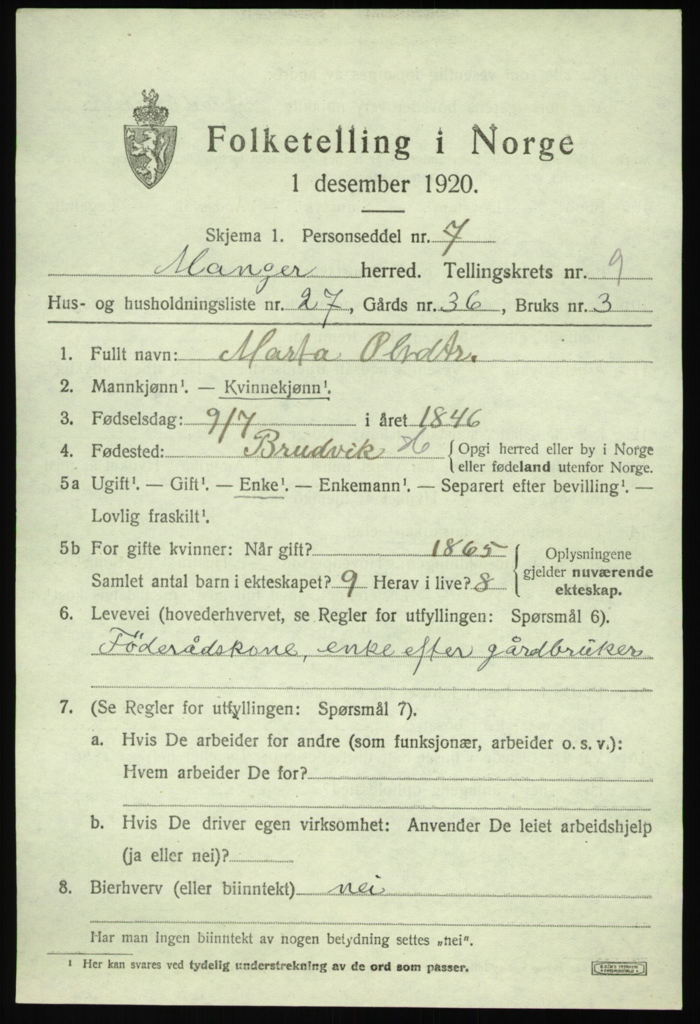 SAB, 1920 census for Manger, 1920, p. 5822