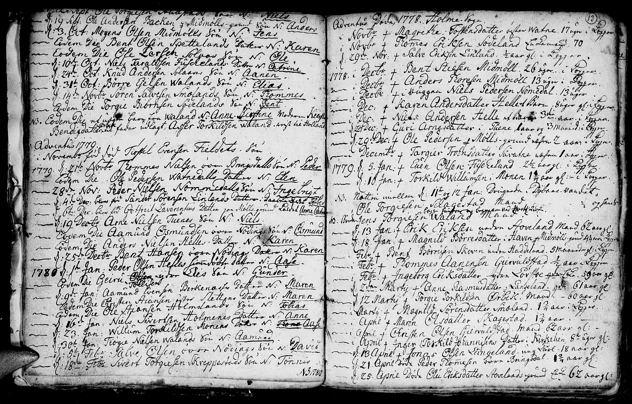 Holum sokneprestkontor, AV/SAK-1111-0022/F/Fb/Fba/L0001: Parish register (copy) no. B 1 /1, 1770-1820, p. 13