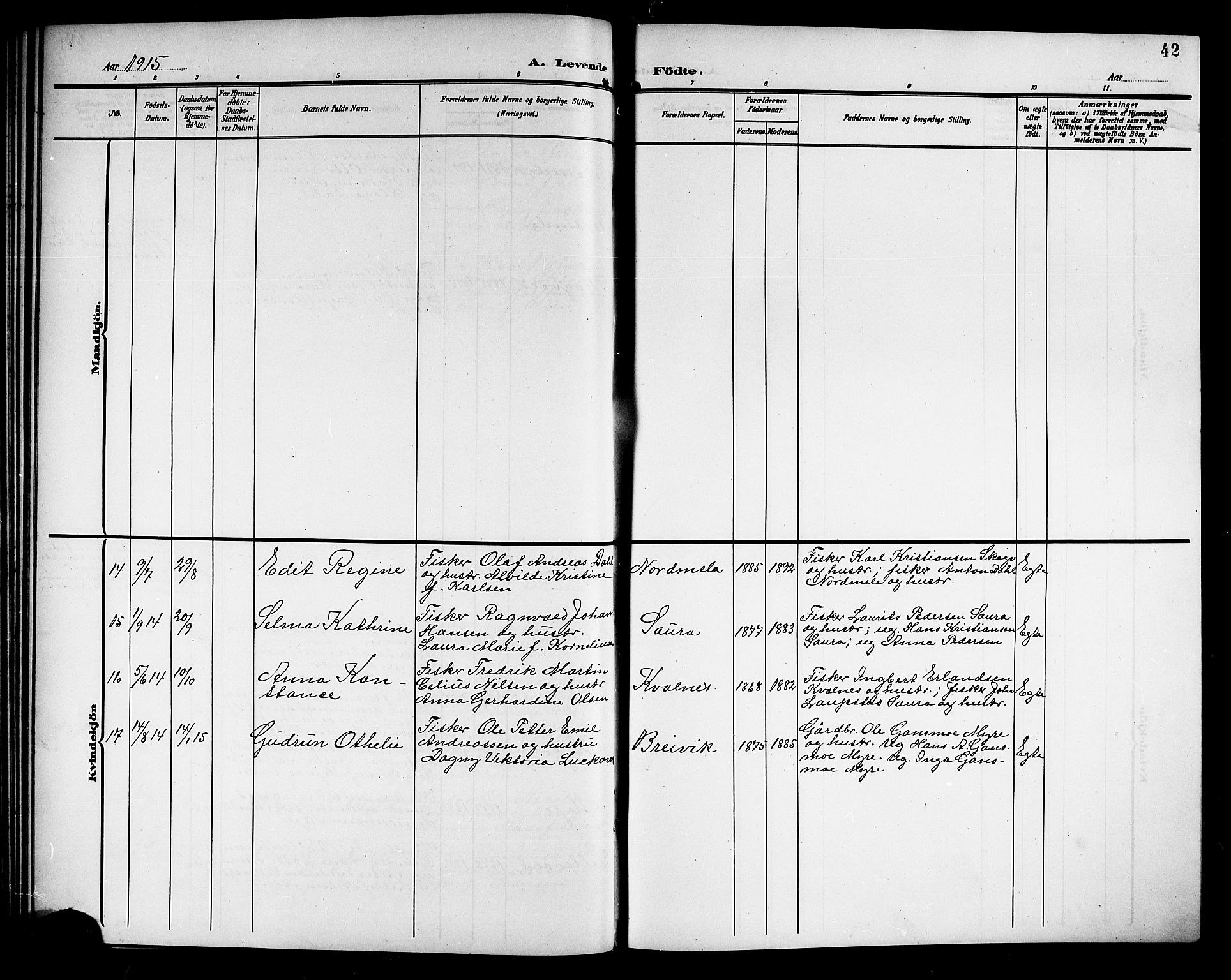 Ministerialprotokoller, klokkerbøker og fødselsregistre - Nordland, AV/SAT-A-1459/897/L1414: Parish register (copy) no. 897C04, 1904-1915, p. 42