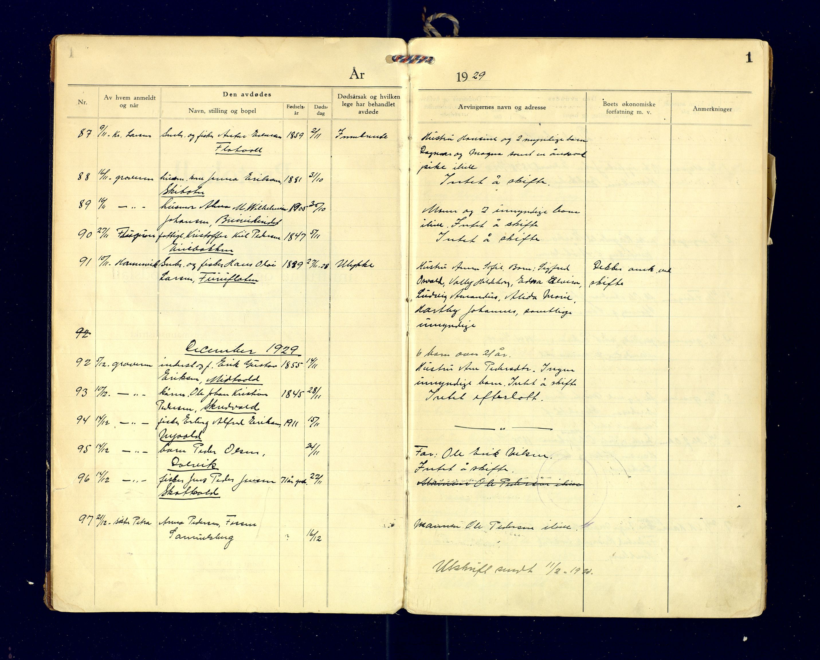 Lyngen lensmannskontor, AV/SATØ-SATO-99/F/Fg/Fga/L0086: Dødsfallsprotokoll for Lyngen lensmannsdistrikt, 1929-1935, p. 1