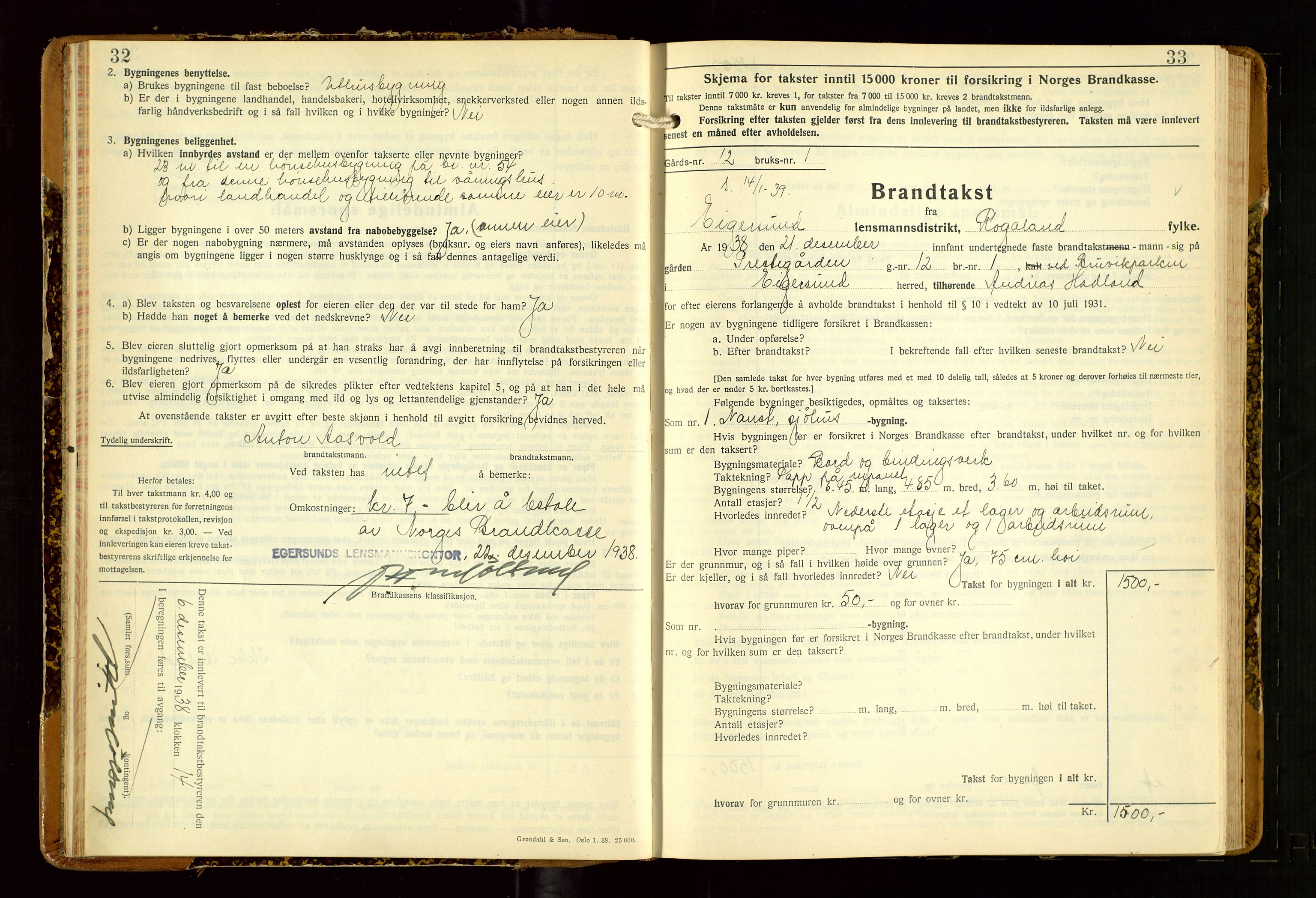 Eigersund lensmannskontor, AV/SAST-A-100171/Gob/L0007: "Brandtakstprotokoll", 1938-1955, p. 32-33